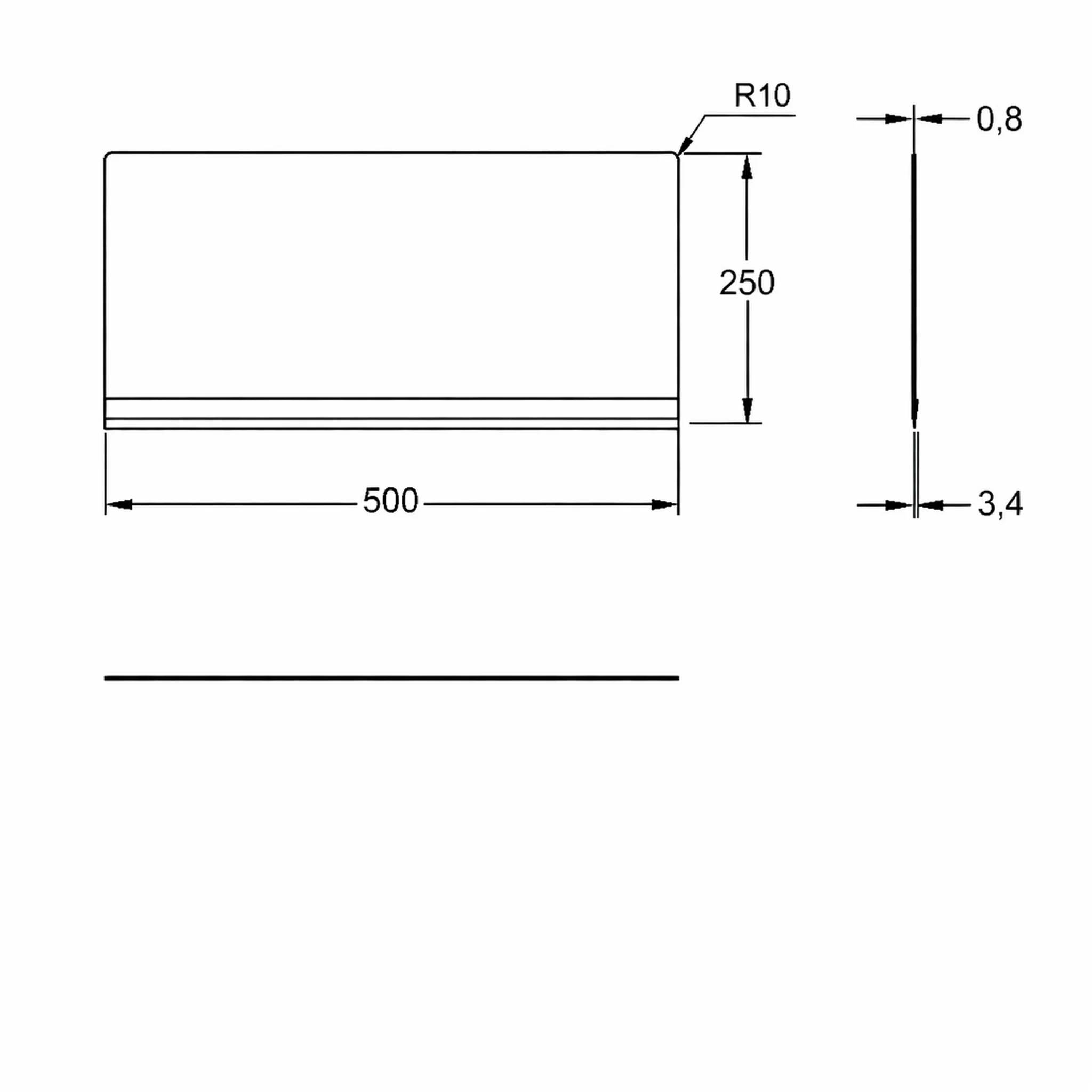 Technische Zeichnung eines rechteckigen Panels mit abgerundeten oberen Ecken, beschriftet 500 breit, 250 hoch, R10 Ecken und Stärke 3,4 mit 0,8 Kantendetail.
