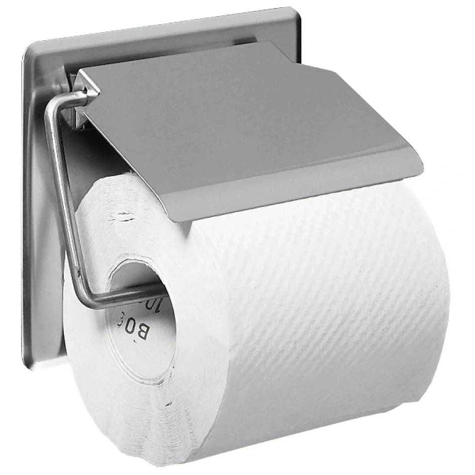 Edelstahltoilettenpapierholder mit einer Rolle Toilettenpapier an der Wand montiert