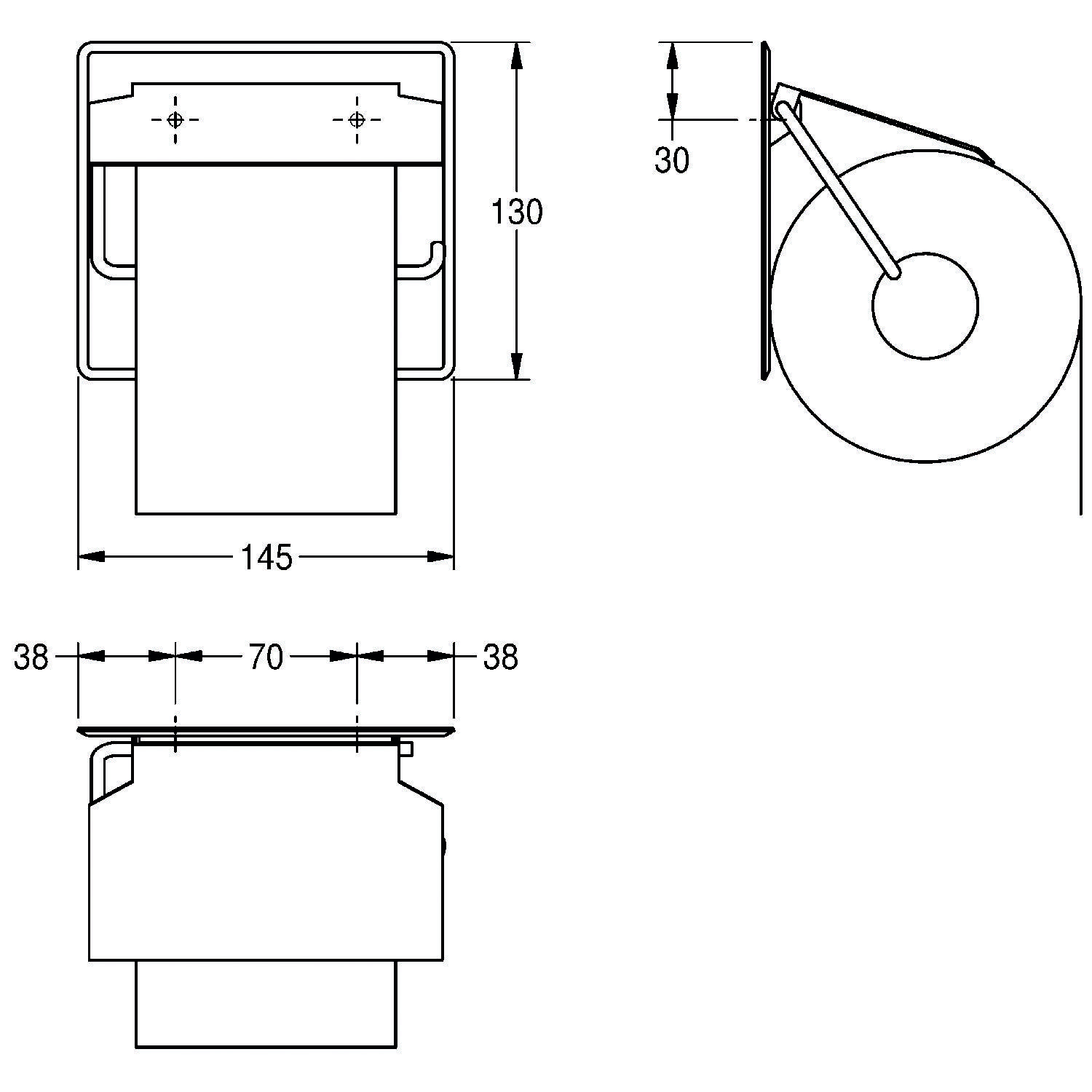 Technische Zeichnung eines Toilettenpapierhalters mit Abmessungen: 130 mm Höhe, 145 mm Breite, 75 mm Tiefe. Seitenansicht zeigt 30 mm Vorsprung.