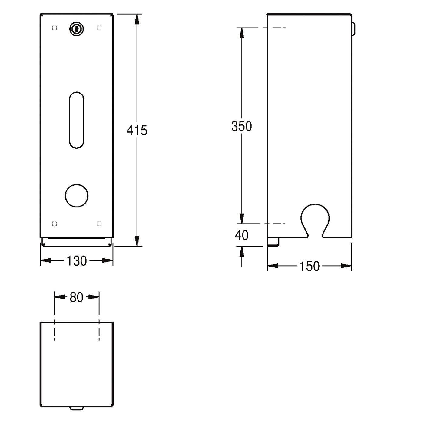 Technische Maßstabzeichnung einer rechteckigen Platte, zeigt Vorder-, Seiten- und Draufsichten mit Abmessungen 415 x 130 x 150 mm und gekennzeichneten Ausschnitten/Öffnungen.