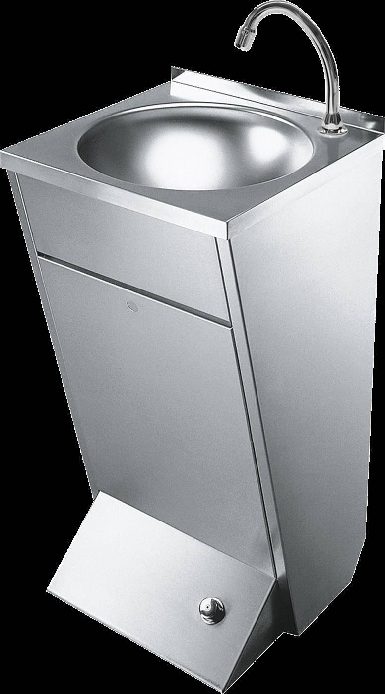 Edelstahl-Wandhandwaschbecken mit Armatur, Frontzugang mit Fußpedal-Betätigung, vor schwarzem Hintergrund dargestellt.