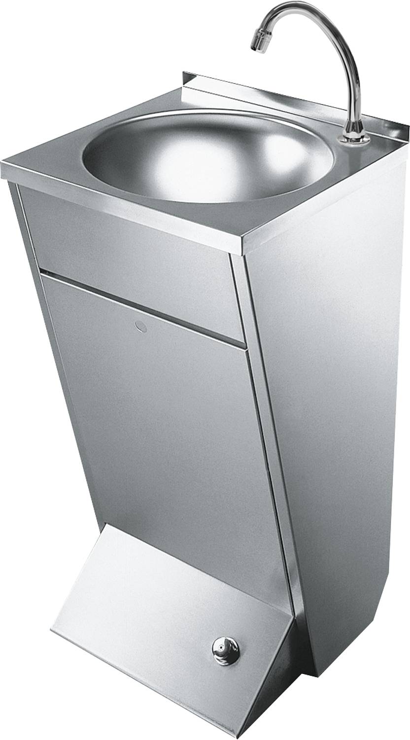 Edelstahl-Handwaschbecken mit abgerundeter Wanne und Drucktastenhahn, konzipiert für hygienefokussierte Umgebungen wie Krankenhäuser.