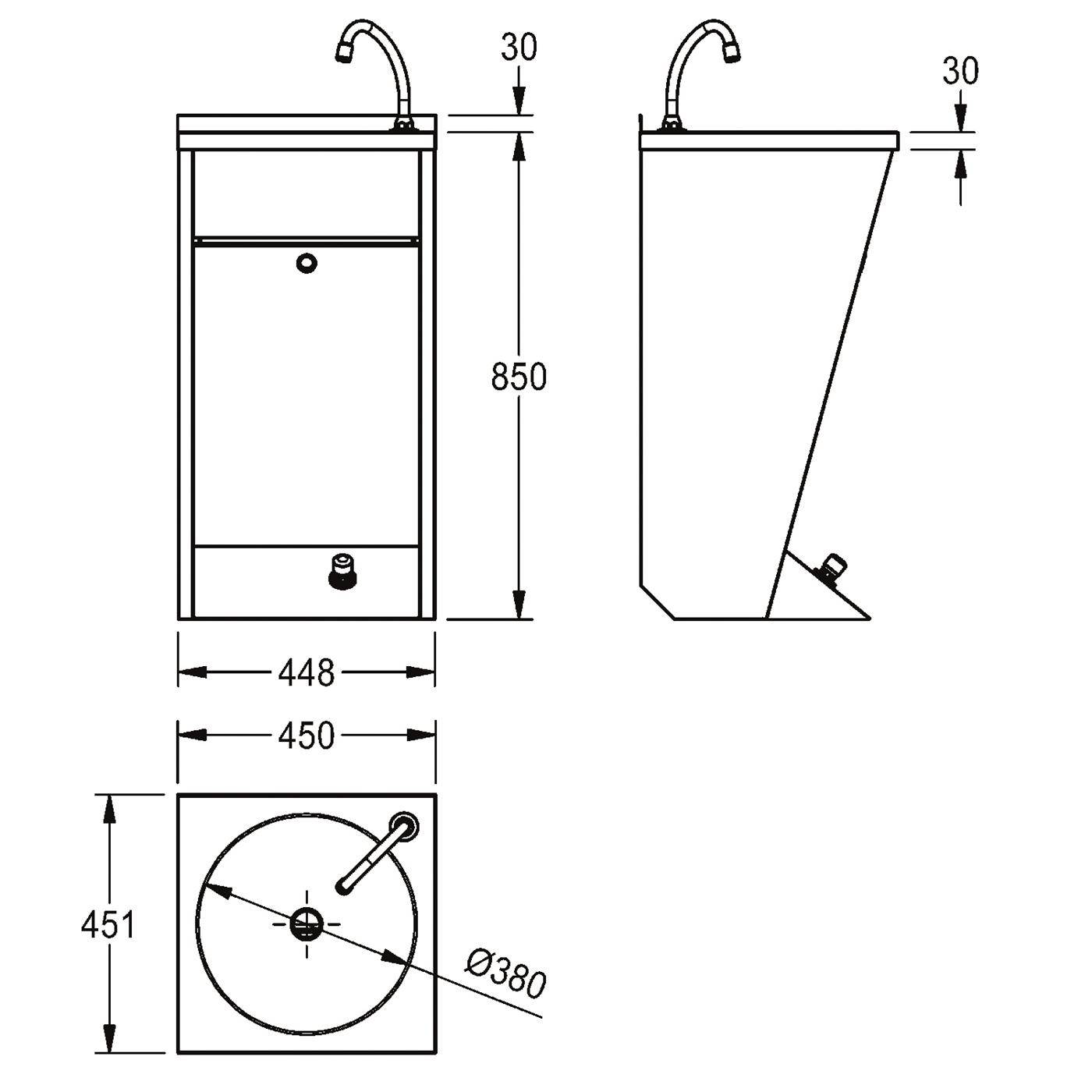 Technische Zeichnung eines Säulenwascbeckens mit Armatur, dargestellt in Vorder-, Seiten- und Draufsicht mit Abmessungen: 850 mm Höhe, 450 mm Breite, 451 mm Tiefe, 380 mm Beckendurchmesser.