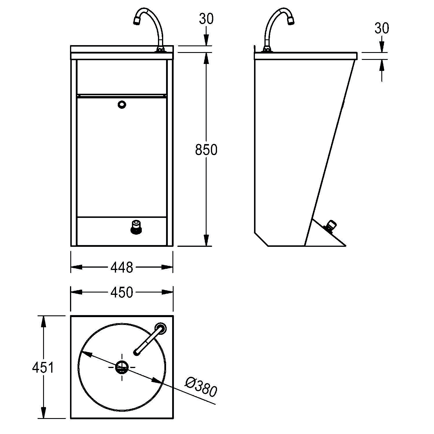 Diagramm eines Waschbeckens mit Maßen. Frontansicht: Höhe 850 mm, Breite 448 mm. Seitenansicht: Tiefe 450 mm. Draufsicht: Beckendurchmesser 380 mm.