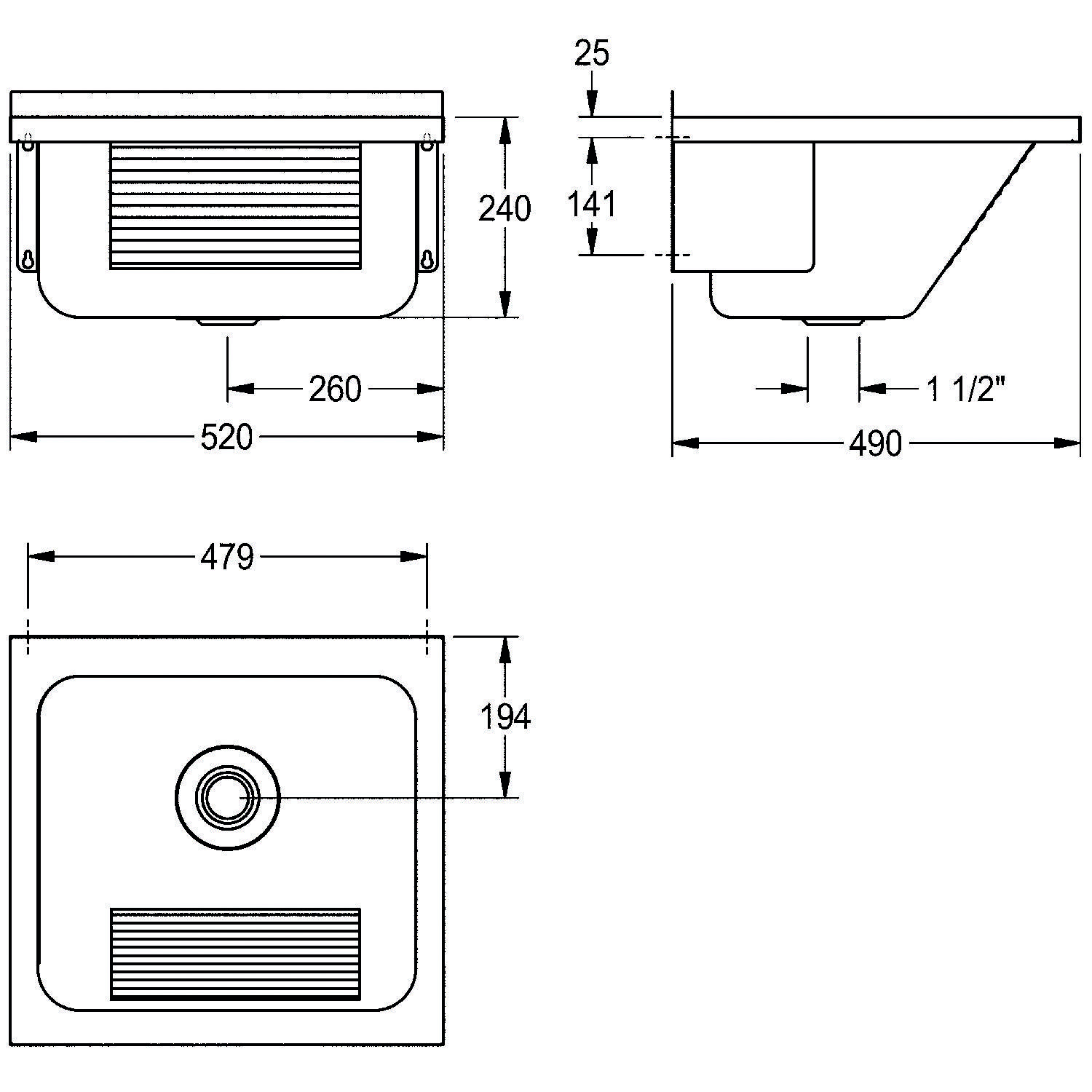 Technische Zeichnung eines Waschbeckens mit Abmessungen: 520 mm Breite, 240 mm Tiefe und 490 mm Länge. Seiten-, Front- und Draufsicht mit Maßangaben.