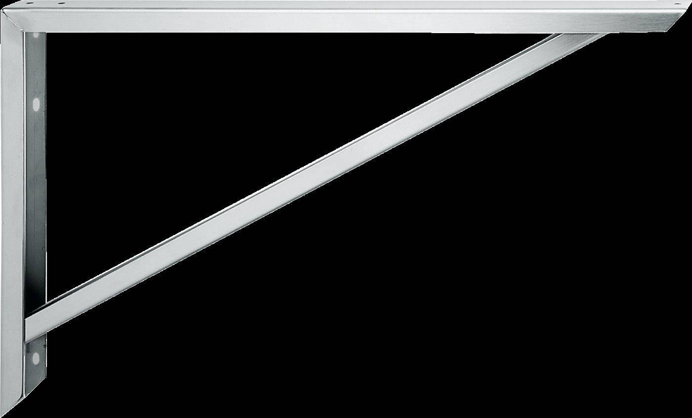 Metallwandhalter mit diagonaler Stützstrebe, die eine dreieckige Regelbefestigung auf schwarzem Hintergrund bildet.