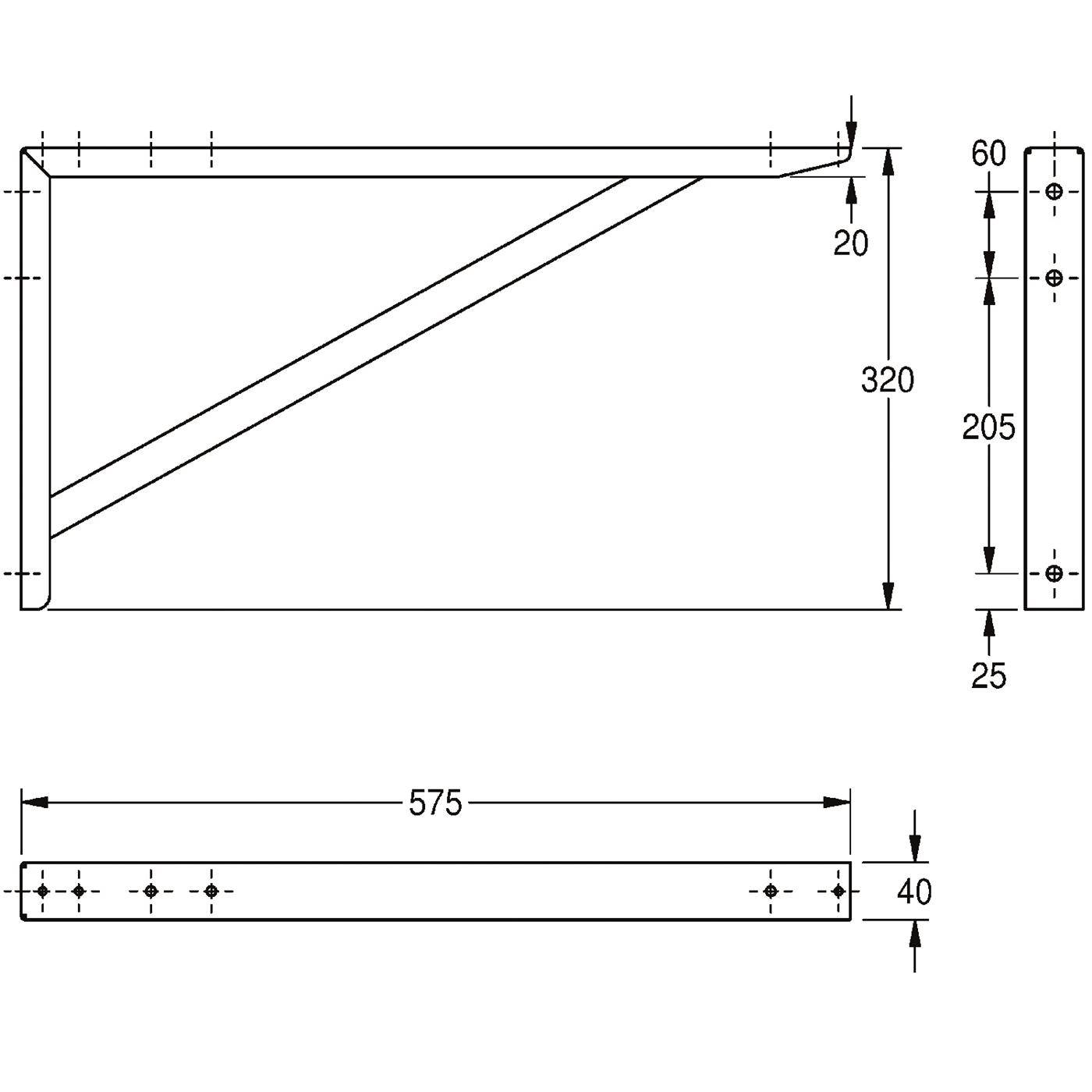 Technische Zeichnung einer dreieckigen Metallhalterung mit gekennzeichneten Lochpositionen und Abmessungen, einschließlich 575, 320, 205, 60, 40, 25 und 20.