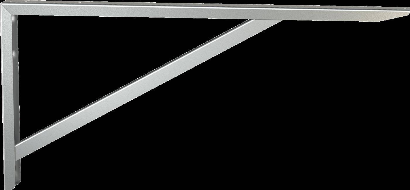 Weiße Metallwandhalterung mit diagonalem Stützarm, auf schwarzem Hintergrund dargestellt.