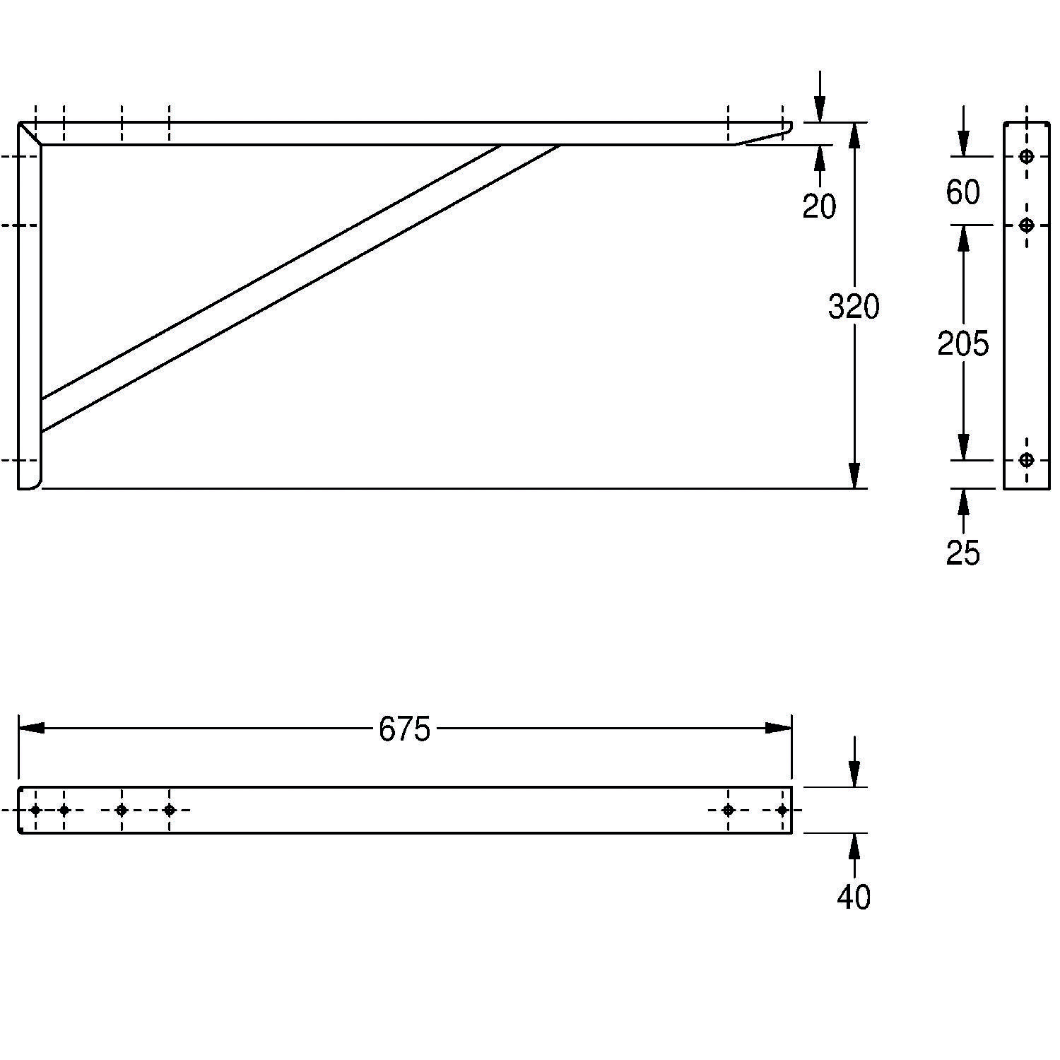 Eine technische Zeichnung eines Metallhalters mit Stützstrebe, die folgende Abmessungen zeigt: 675 mm Länge, 320 mm Höhe, 20 mm und 40 mm Breitendetails.