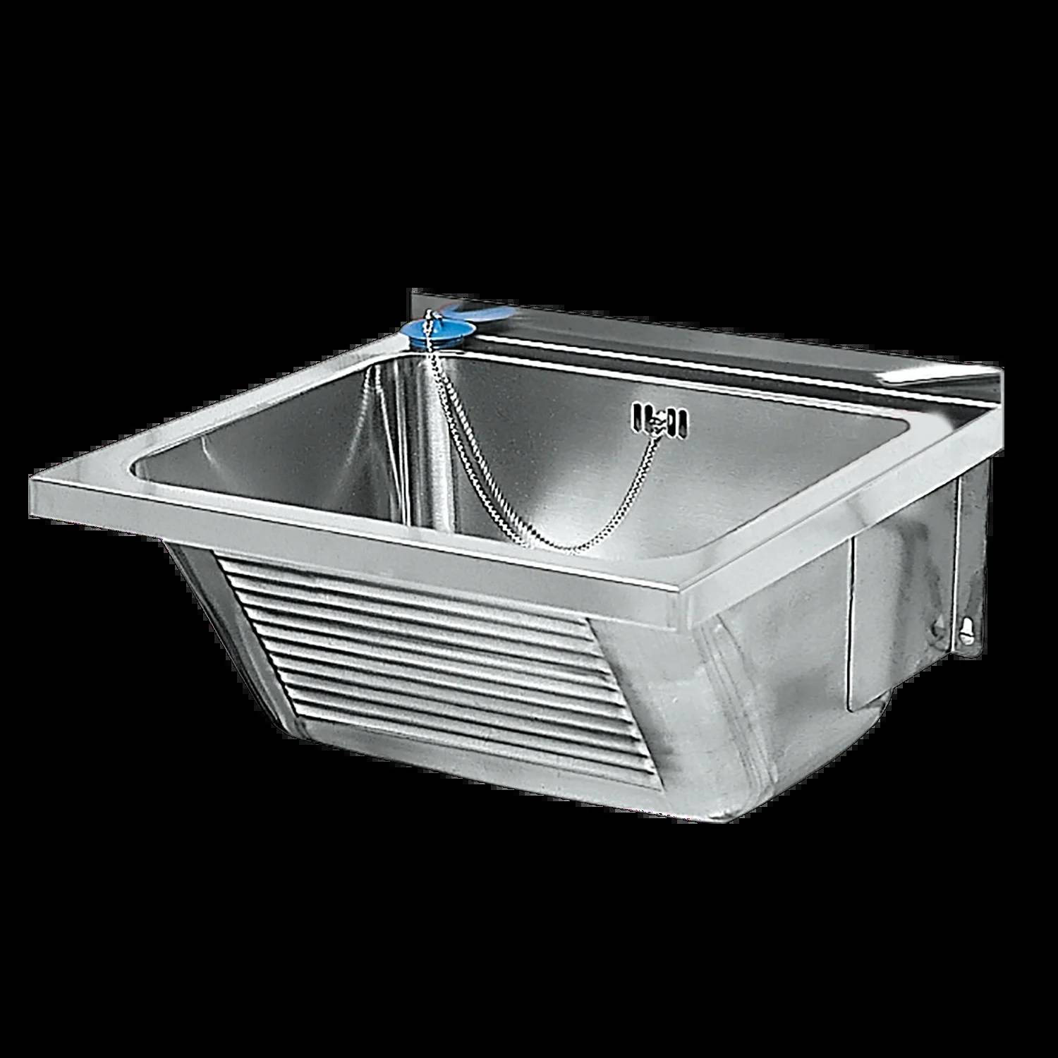 Edelstahl-Wandnutzwaschbecken mit tiefem Becken, Armaturenlöchern und Ablaufkorb auf schwarzem Hintergrund.