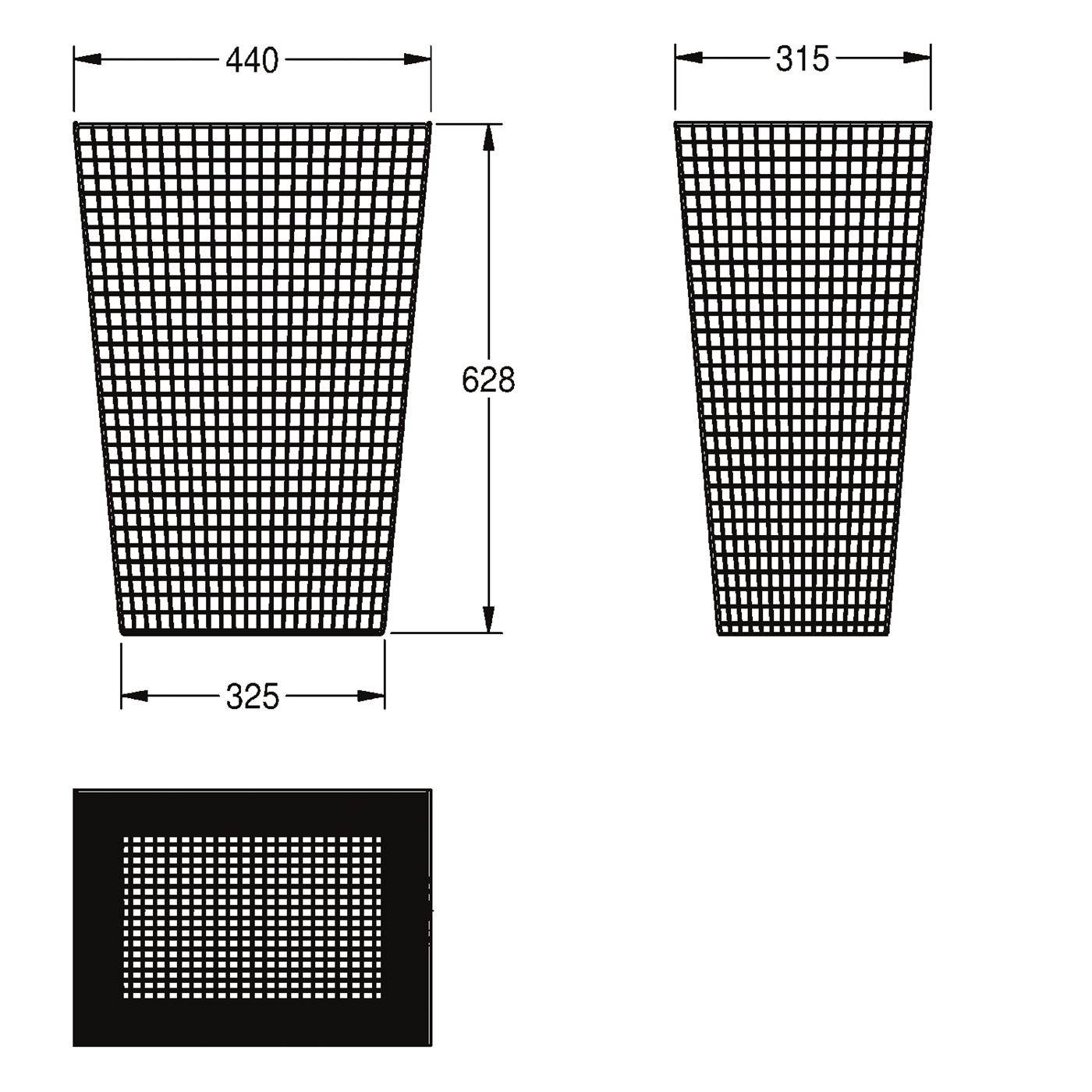 Technische Zeichnung eines sich verjüngenden perforierten Korbs oder einer Paneele mit Vorder-, Seiten- und Draufsicht mit den Abmessungen 440, 325, 628 und 315.