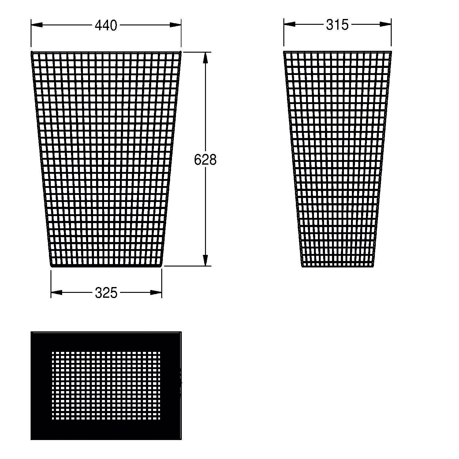 Diagramme eines konisch zulaufenden Netzkorbs. Frontansicht: 440 mm breit, 628 mm hoch. Seitenansicht: 315 mm breit. Draufsicht: 325 mm breit.