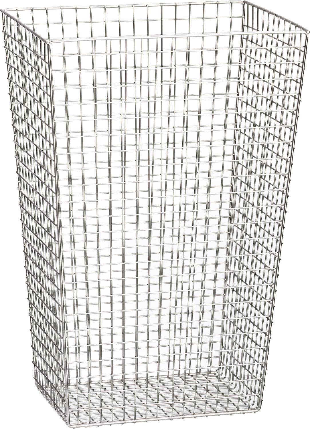 Ein hoher, rechteckiger Drahtgitterkorb mit Gitternetzstruktur, der zum Organisieren oder Aufbewahren von Gegenständen verwendet wird.