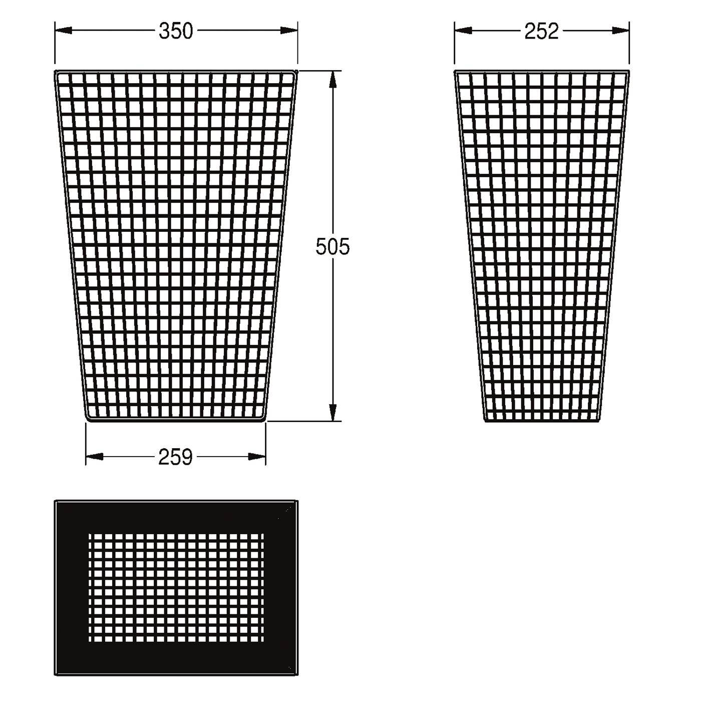 Technisches Diagramm eines konischen Gitterbehälters, dargestellt in Front- und Seitenansicht mit Abmessungen 350, 259, 505 und 252, plus eine quadratische Draufsicht der Öffnung.