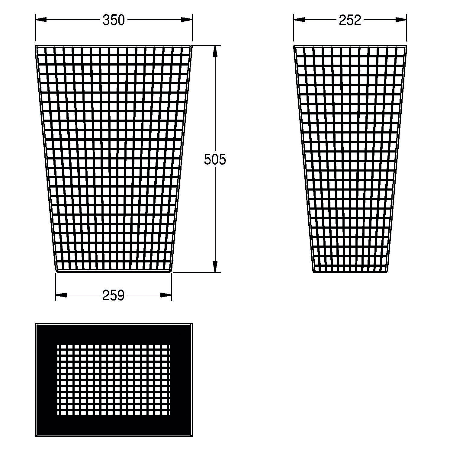 Abmessungen eines konisch zulaufenden rechteckigen Korbs: Höhe 505, obere Breite 350, untere Breite 259 und Seitenbreite 252.