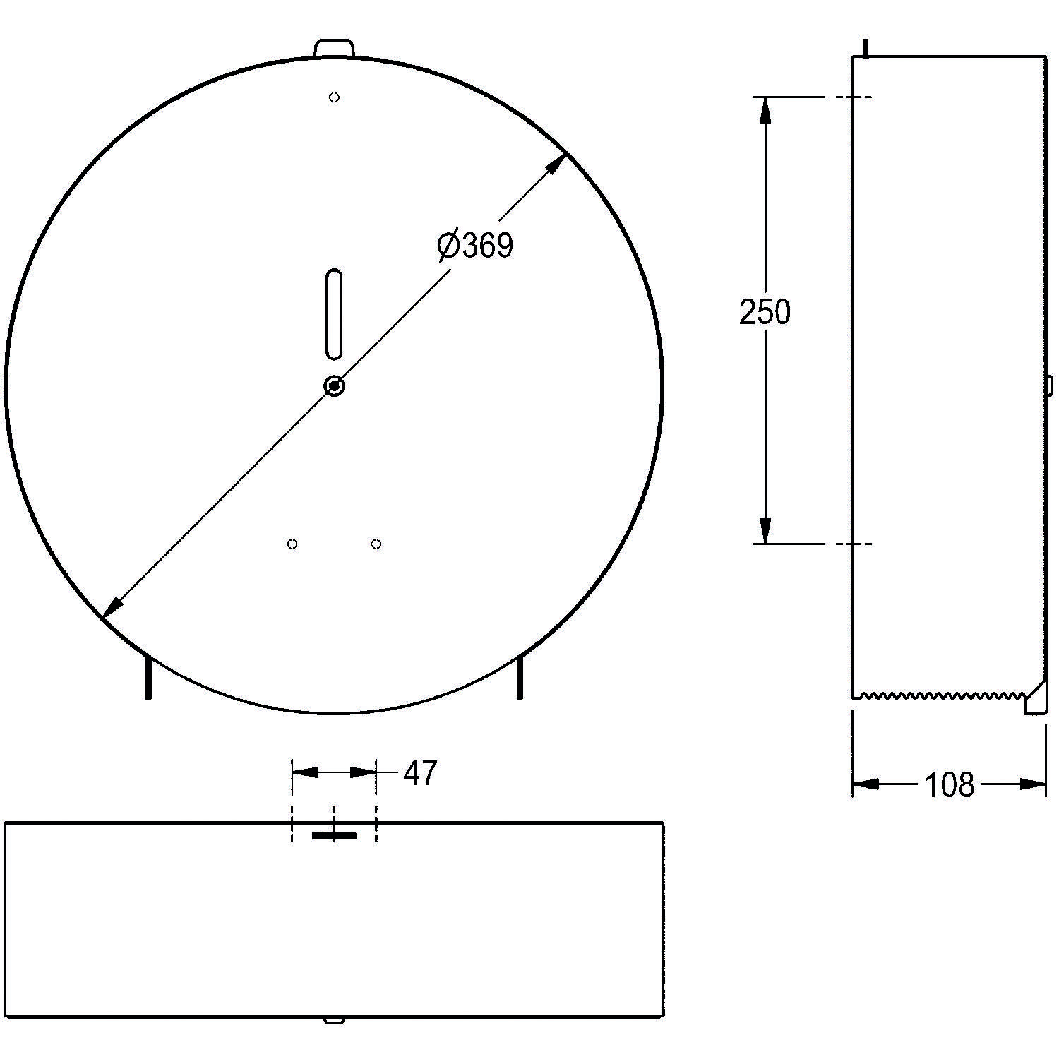 Technische Zeichnung eines kreisförmigen Objekts mit einem Durchmesser von 369 mm. Es ist 250 mm hoch und 108 mm tief mit einer 47 mm großen Öffnung.