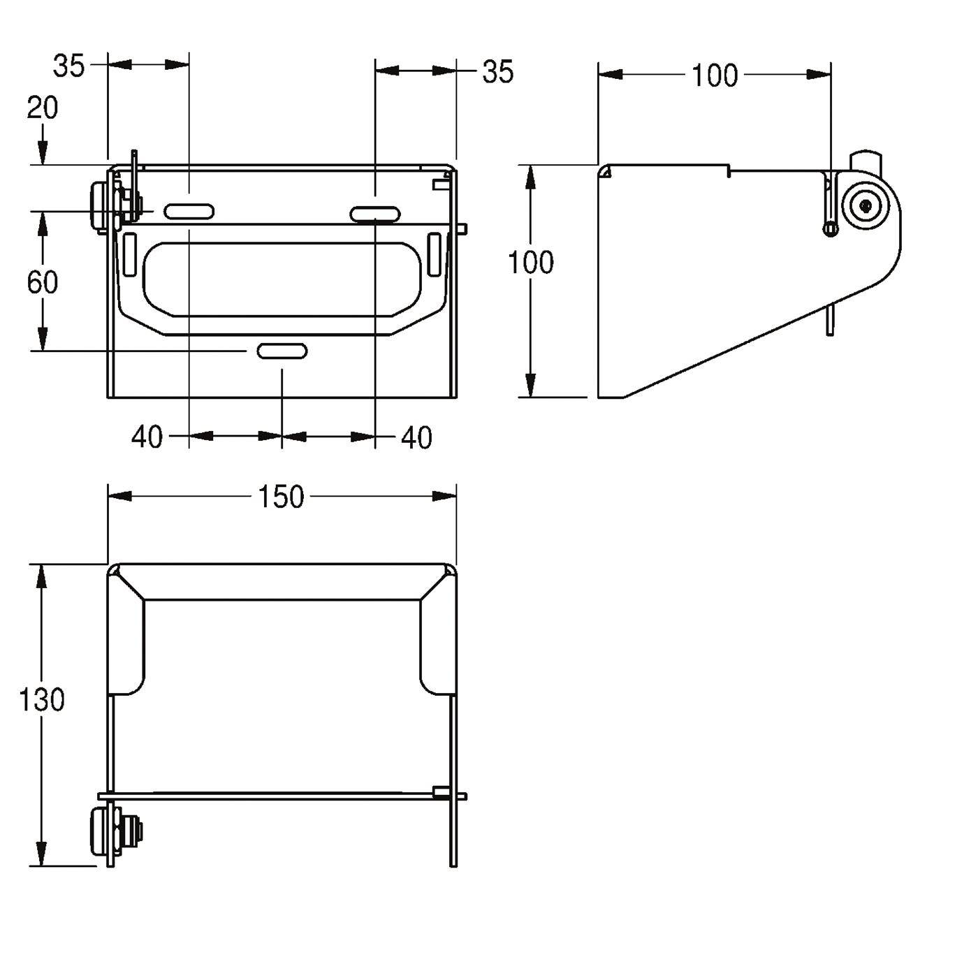 Technische Linienzeichnung einer mechanischen Halterung oder Befestigung mit drei Ansichten, die Abmessungen von 150 x 130, 100 x 100 und detaillierte Positionierungen von Löchern und Schlitzen zeigen.