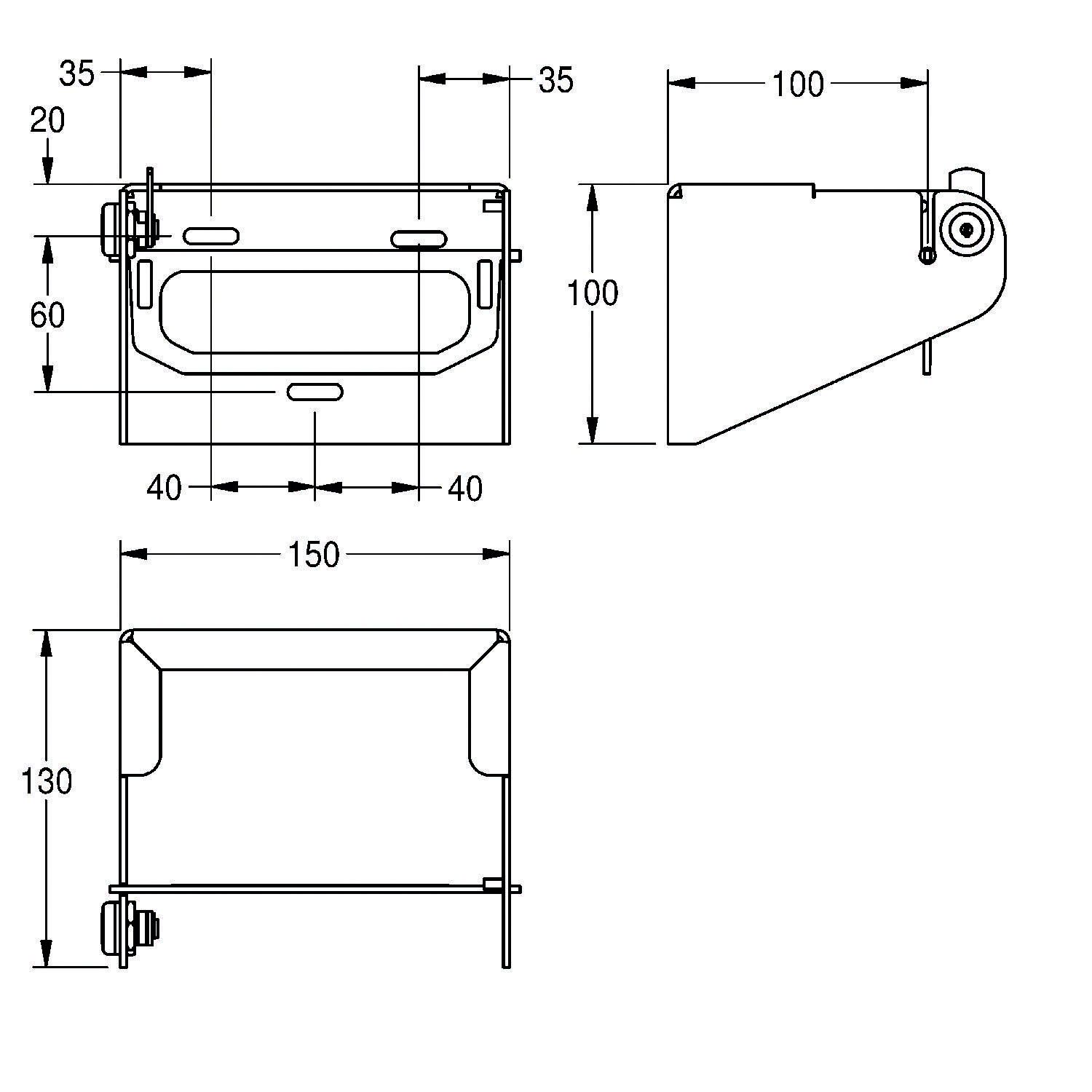 Technische Zeichnung eines rechteckigen Haltearms mit Abmessungen: 150 mm Länge, 35 mm Tiefe, 100 mm Höhe. Merkmale umfassen Befestigungslöcher und Schlitze.