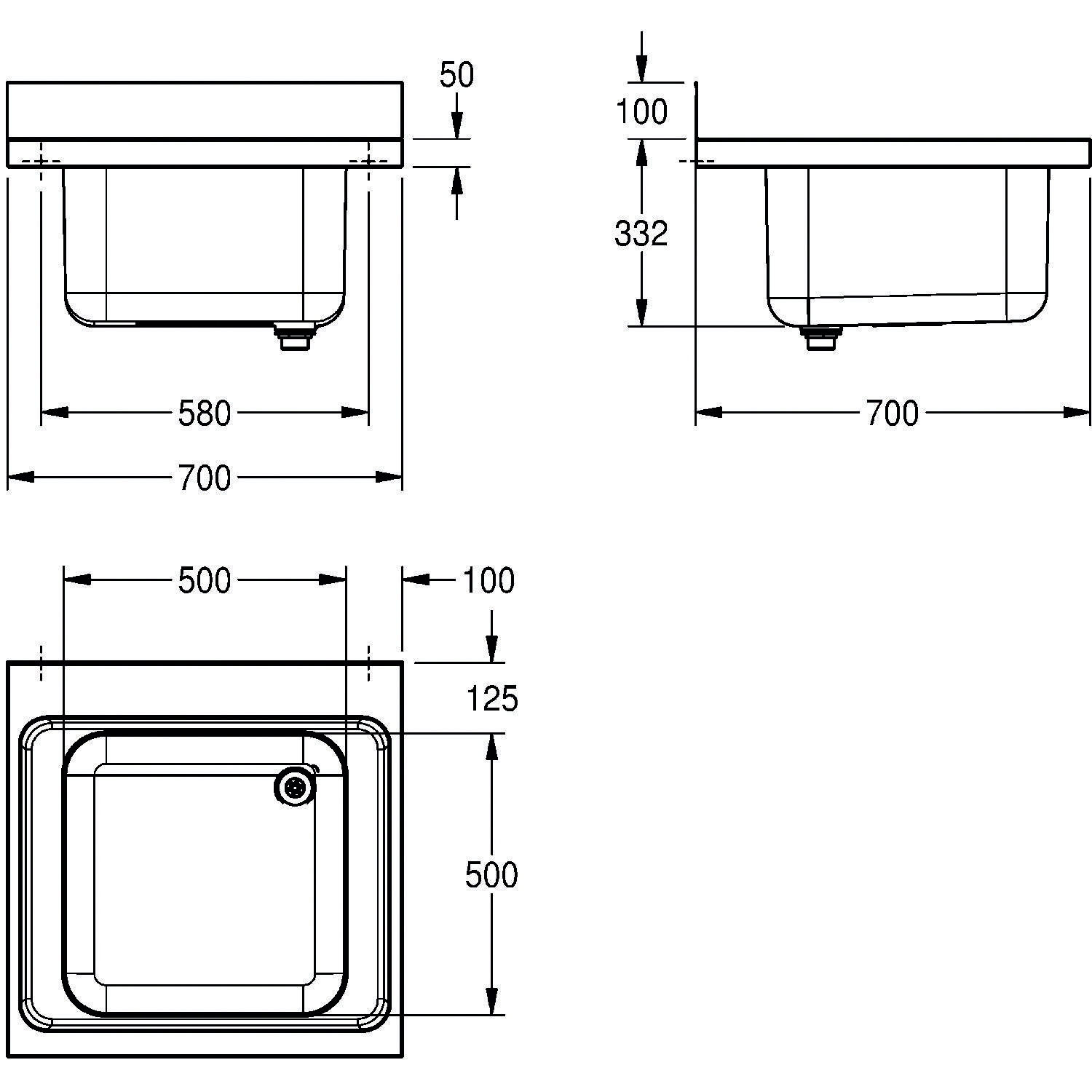Schematische Darstellung einer quadratischen Spüleninstallation mit Abmessungen: 700 mm Breite, 500 mm Tiefe und 332 mm Beckenhöhe. Enthält Ansichten von oben und der Seite.