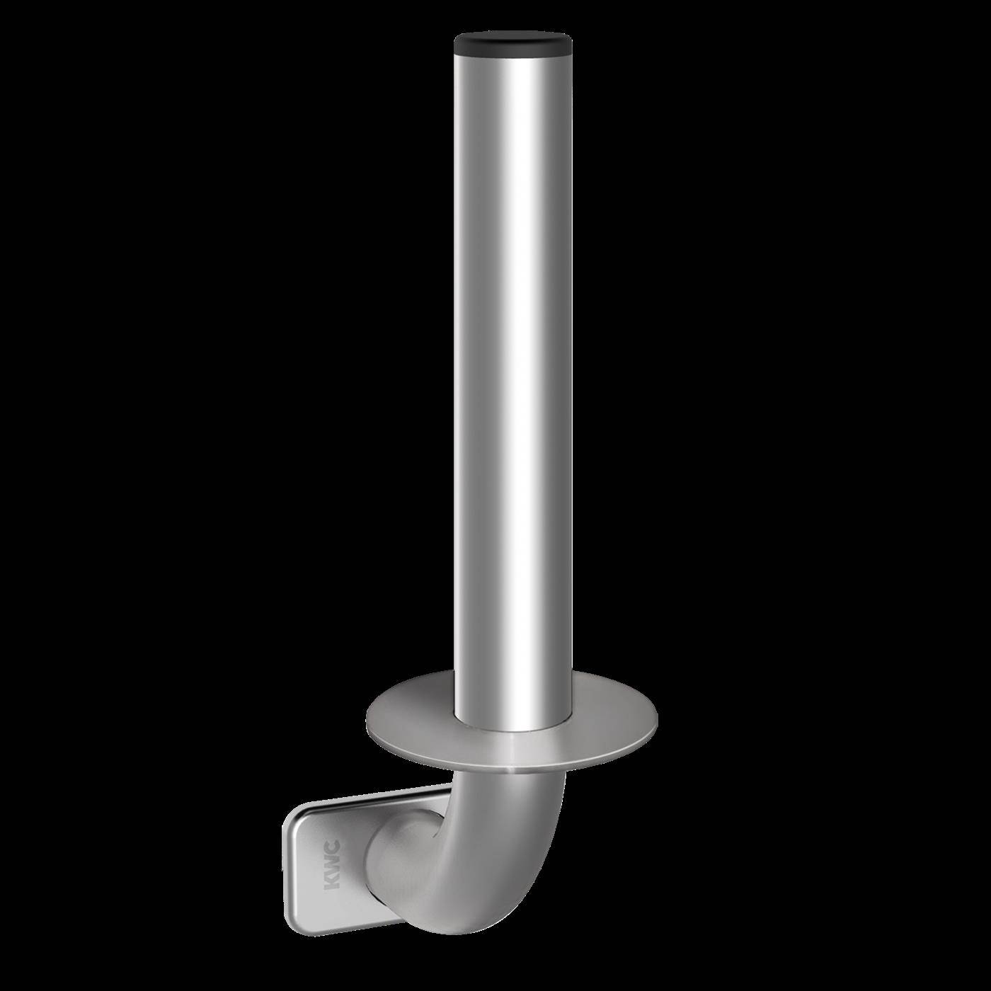 Metallüftungsrohr mit gebogenem Rohrbogen und Wandhalterung auf schwarzem Hintergrund.