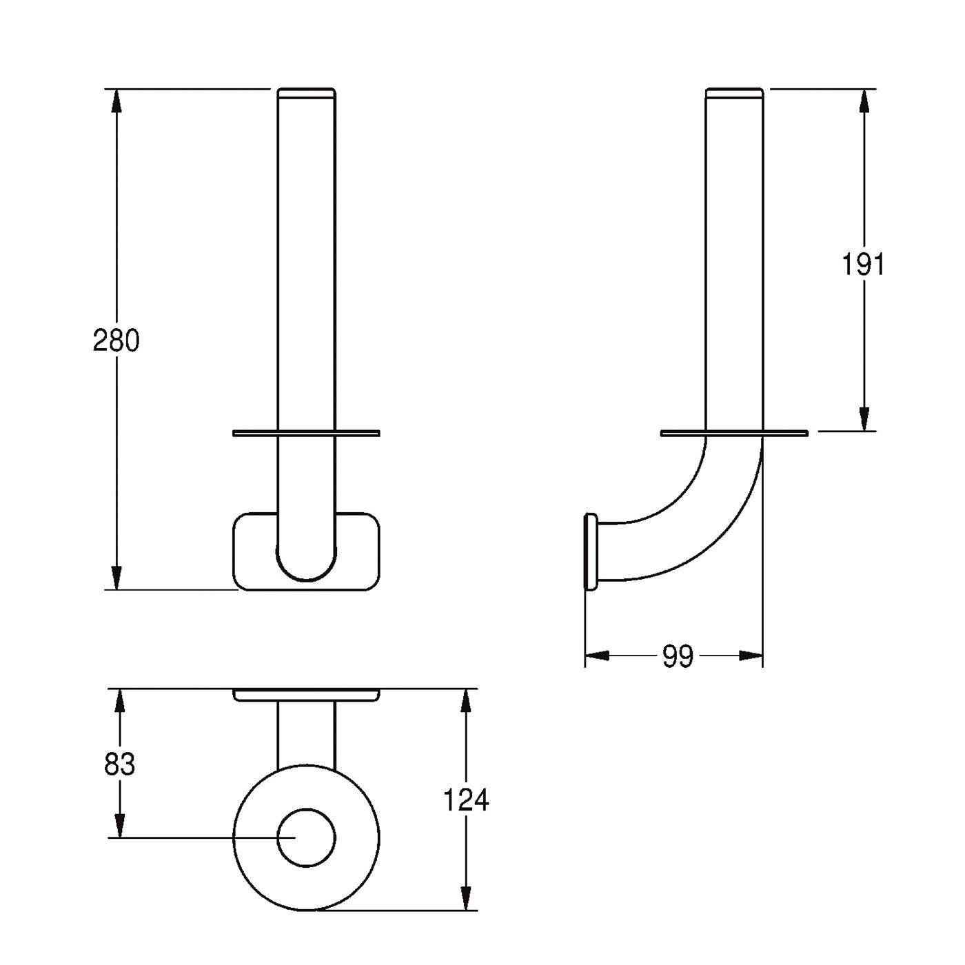 Technische Zeichnung einer Toilettenpapierhalterung, die Vorder-, Seiten- und Draufsicht mit Abmessungen von 280, 191, 99, 83 und 124 mm zeigt.