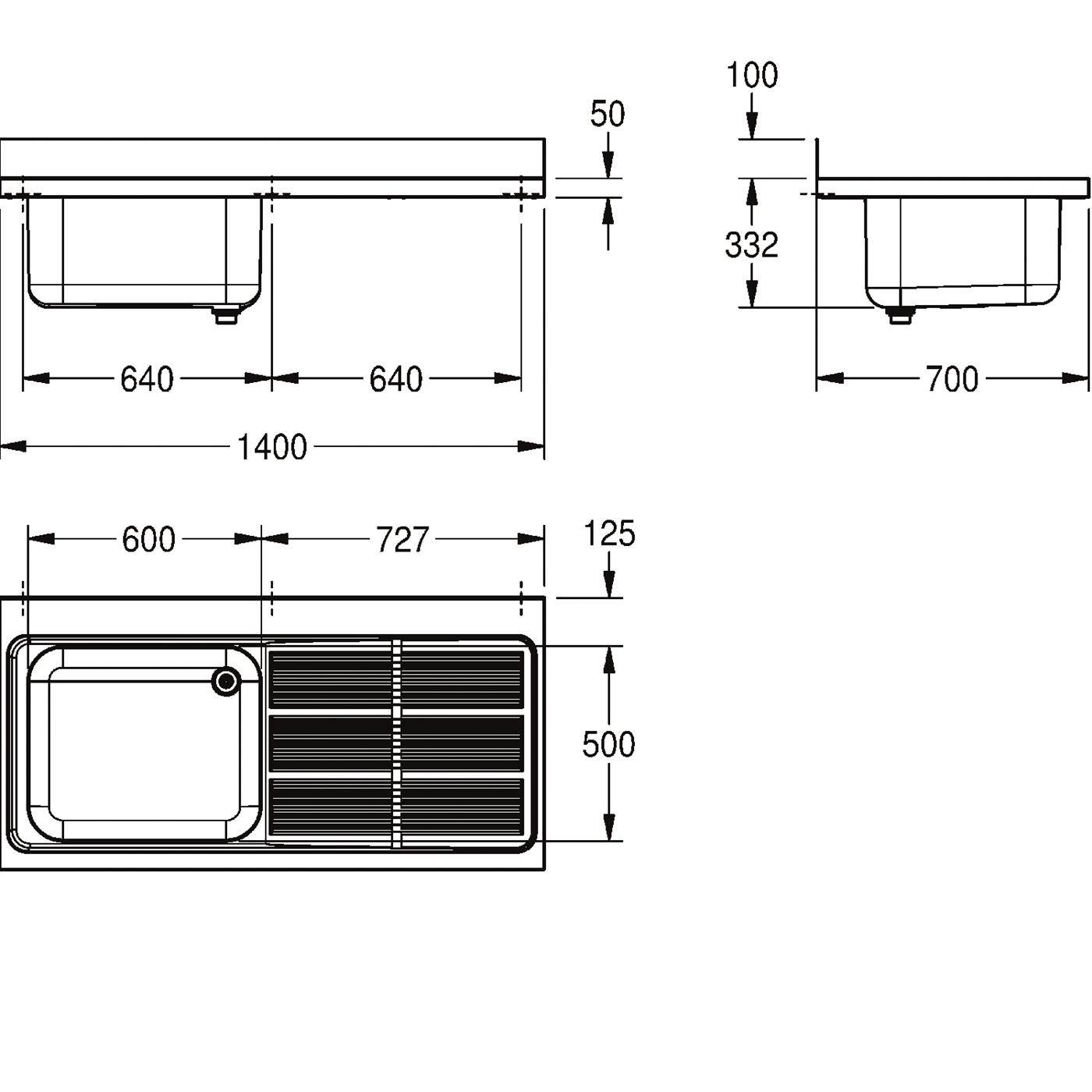 Technische Zeichnung eines einteiligen Küchenspülbeckens mit Abtropffläche, dargestellt in Draufsicht, Seitenansicht und Vorderansicht mit Abmessungen 1400 x 700 x 500 mm und Tiefenangaben.