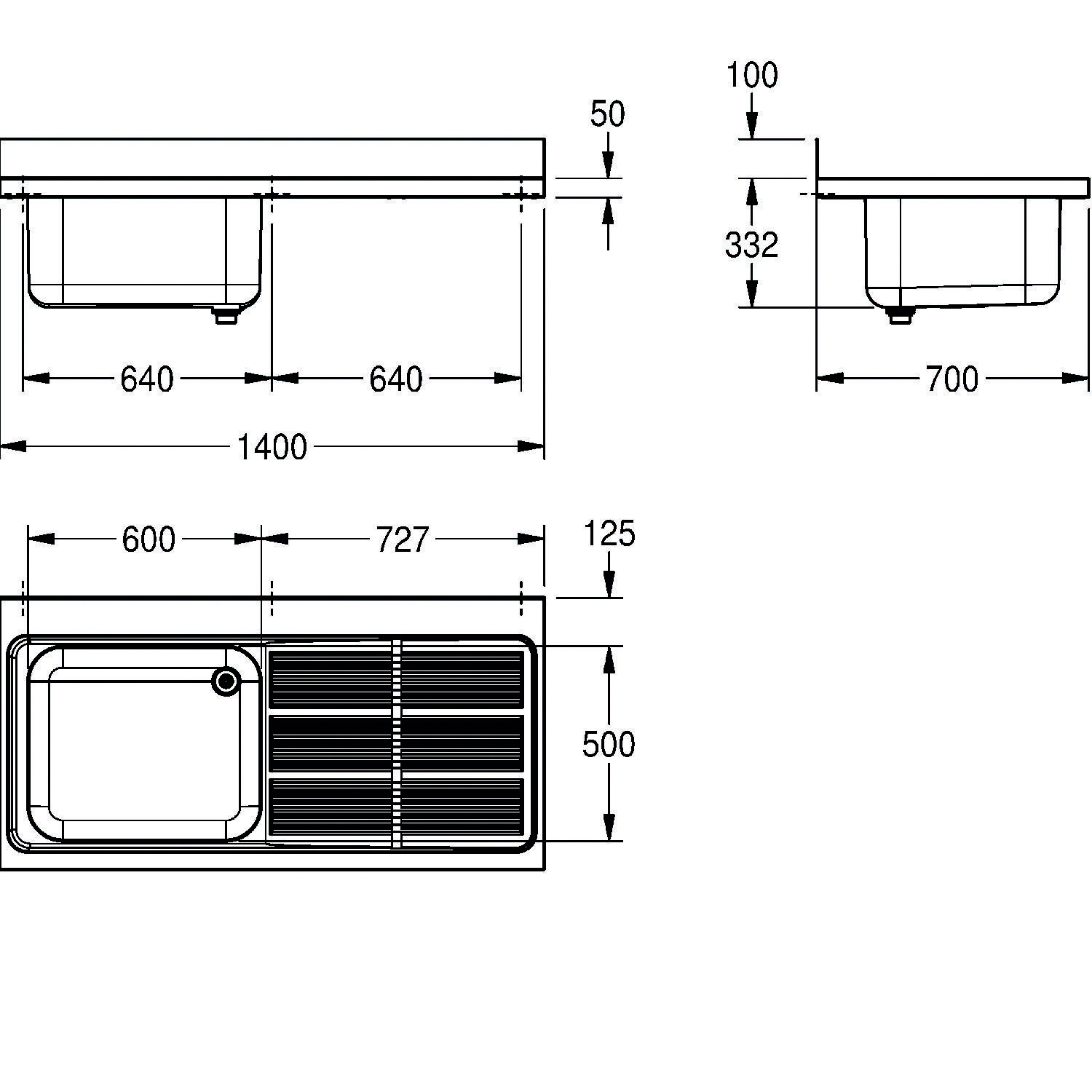 Technische Zeichnung eines Küchenspülbeckens mit einer Schüssel und Abtropffläche. Abmessungen: Breite 1400 mm, Tiefe 700 mm, Höhe 332 mm.