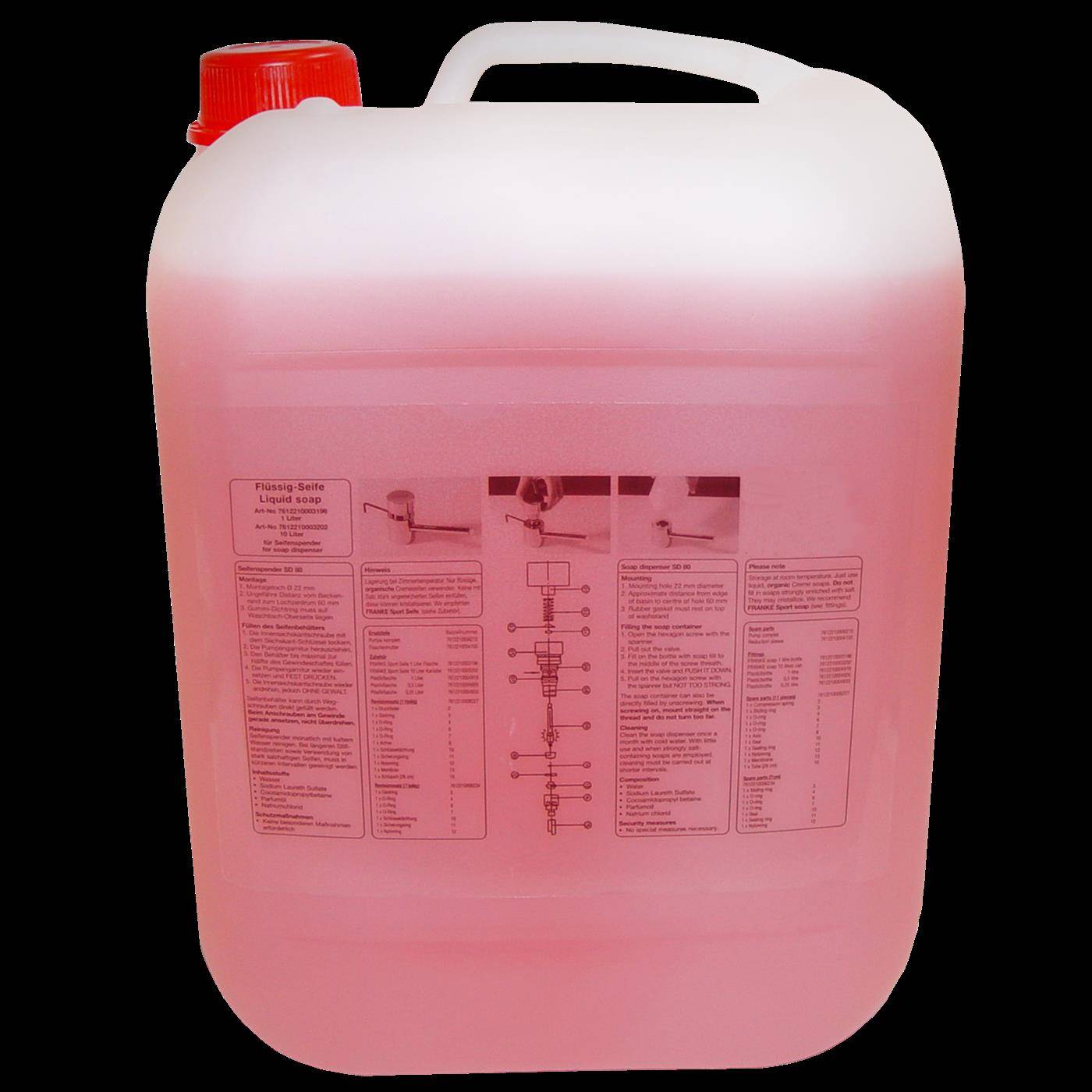 Großer rosa Kunststoffkanister mit rotem Deckel und gedruckten Anweisungen/Diagramm auf der Vorderseite, wahrscheinlich für ein flüssiges Produkt.