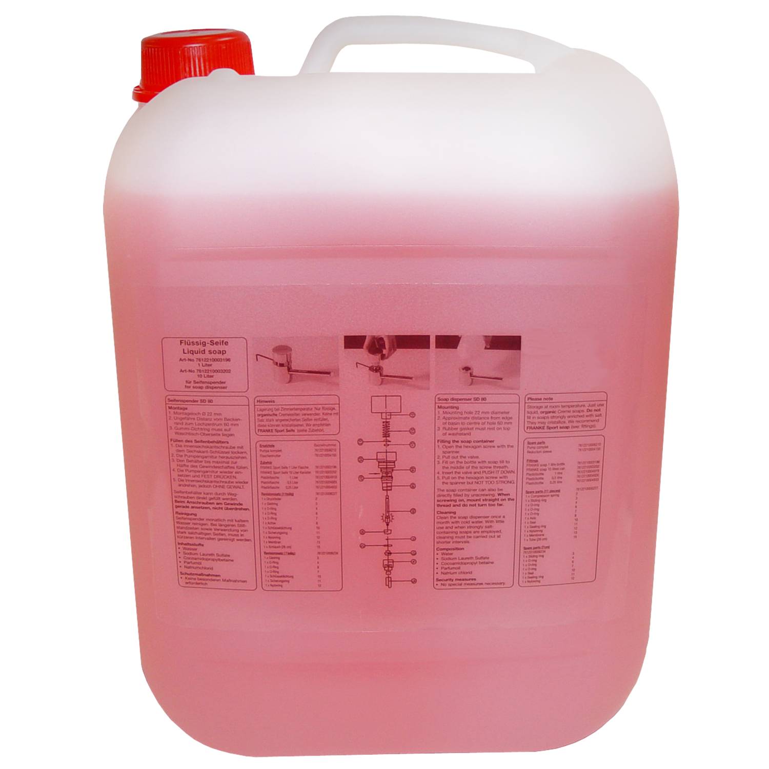 Ein durchscheinender Behälter mit roter Flüssigkeit, versehen mit einem Tragegriff und einem roten Deckel, der mit Gebrauchs- und Sicherheitshinweisen in mehreren Sprachen beschriftet ist.