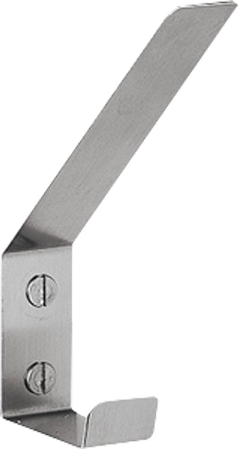 Metallisches L-Winkel mit einer Schraube, vor einem schwarzen Hintergrund, verwendet zur Unterstützung oder Verbindung von Möbeln oder Strukturen.