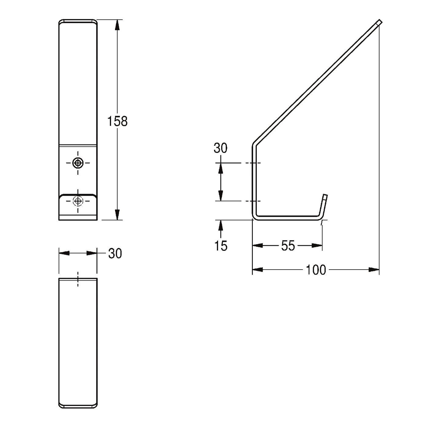 Technische Zeichnung einer gebogenen Metallklammer mit Abmessungen: 158 mm Höhe, 30 mm Breite, 100 mm Tiefe, mit einem 55 mm unteren Abschnitt und vertikalen Versätzen von 15/30 mm.