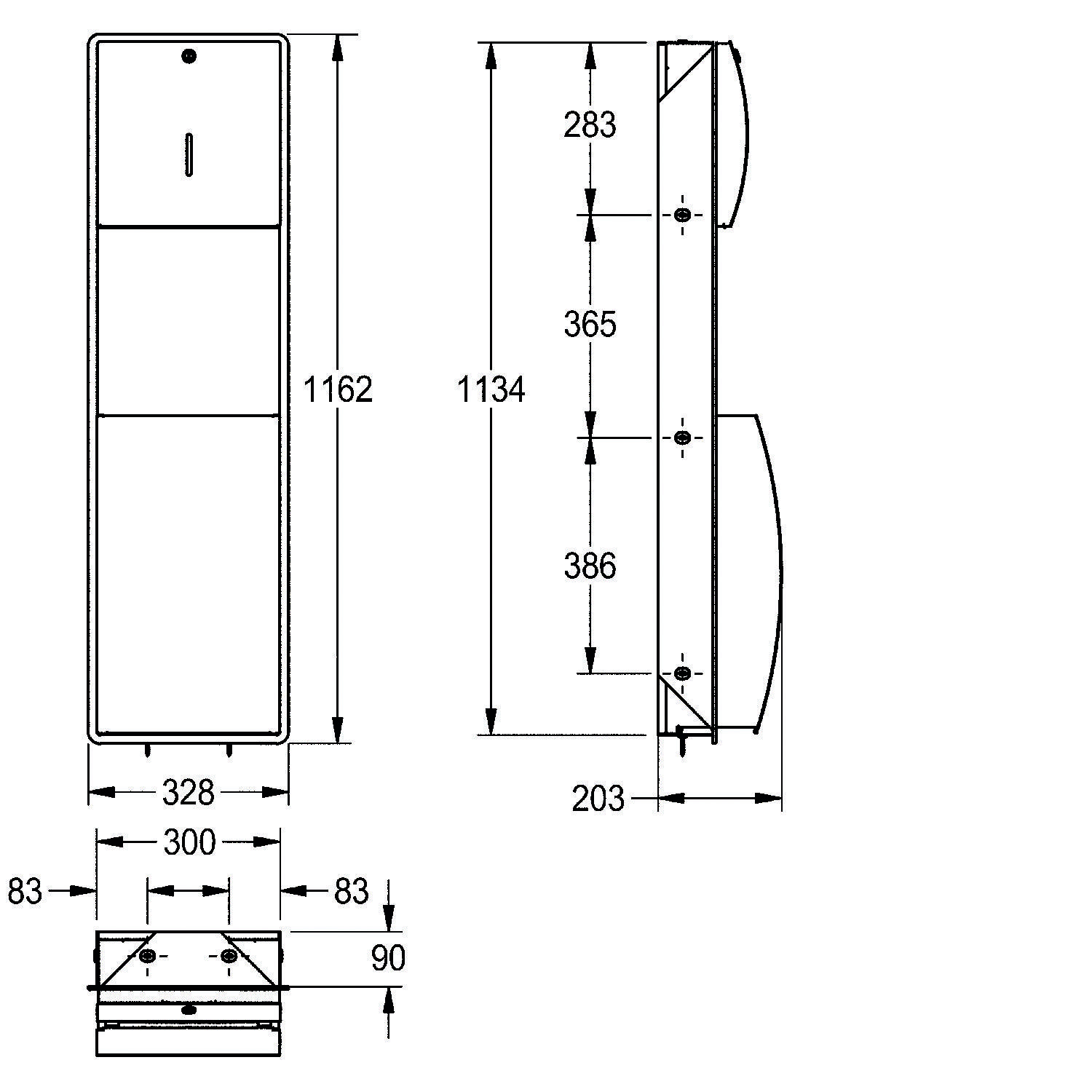 Technische Zeichnung eines wandmontierter Aufbewahrungseinheit. Front- und Seitenansicht werden mit Abmessungen gezeigt: Höhe 1162 mm, Breite 328 mm, Tiefe 203 mm.