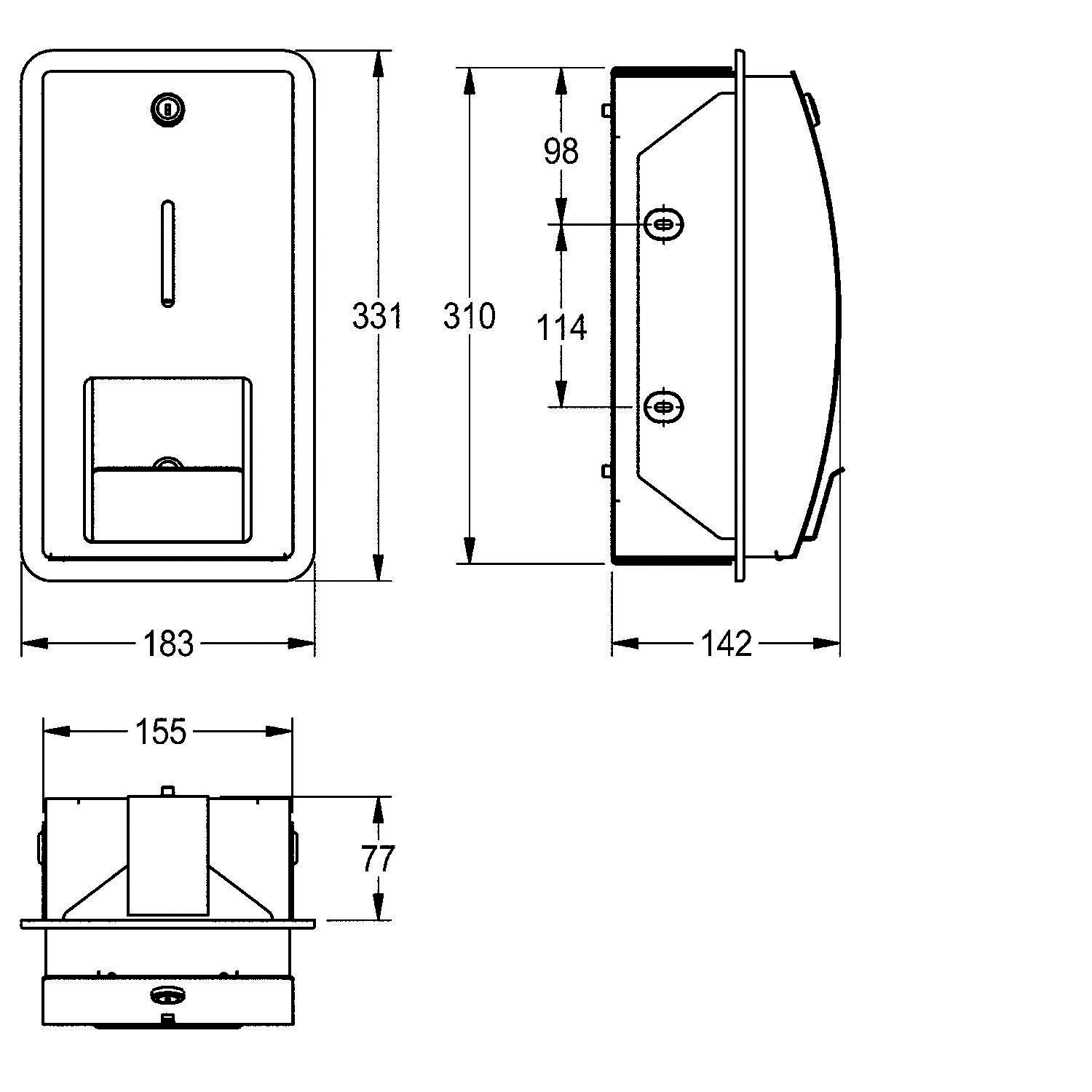 Technische Zeichnung eines wandmontierten Seifenspenders mit Abmessungen: Höhe 331 mm, Breite 183 mm, Tiefe 142 mm.