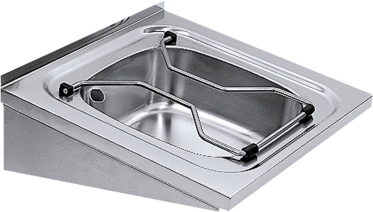 Ein Edelstahl-Flachbecken mit integrierter, flexibler Spiralarmatur vor einem schwarzen Hintergrund.