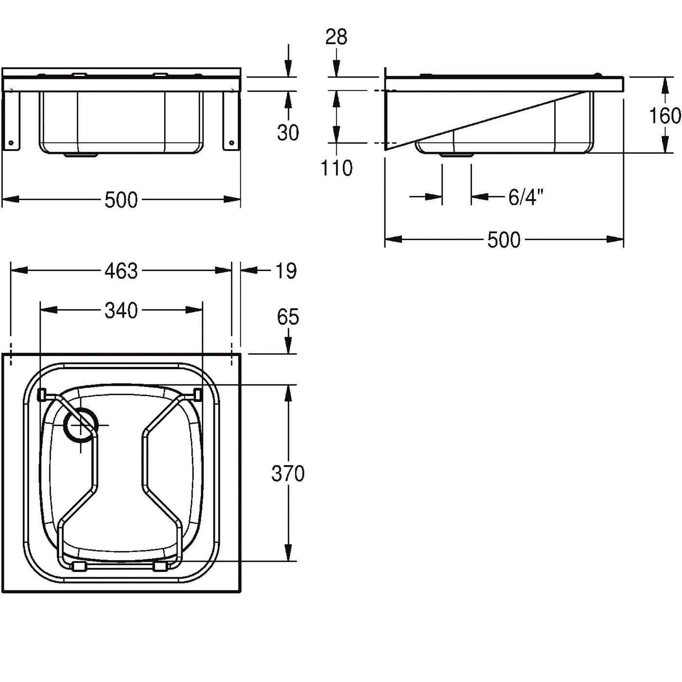 Technische Maßstabszeichnung eines rechteckigen Beckens oder Waschbeckens mit Draufsicht, Vorderansicht und Seitenansicht mit Abmessungen einschließlich 500 mm Breite, 370 mm Tiefe und 160 mm Höhe.