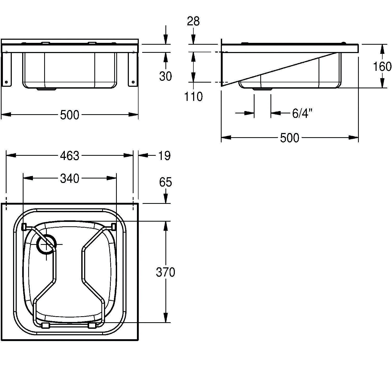 Detaillierte Abbildung mit Maßen eines quadratischen Waschbeckens. Draufsicht: 500 mm breit, 370 mm tief. Seitenansicht: 160 mm hoch, 500 mm breit.