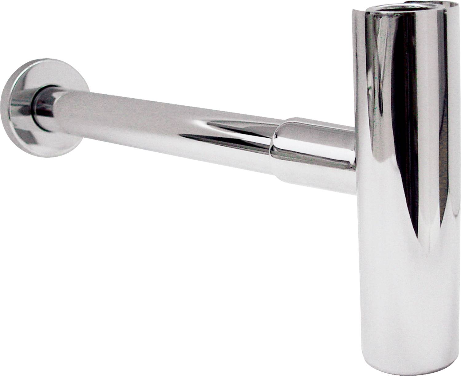 Ein glänzendes, silbernes Metallrohr, das an einer Wand angeschlossen ist. Es ist wahrscheinlich Teil eines Sanitär- oder Abluftssystems, mit einer kreisförmigen Befestigung an einem Ende.
