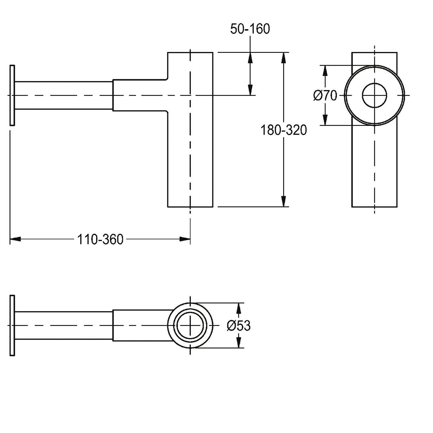 Technische Linienzeichnung eines mechanischen Teils mit Vorder- und Seitenansicht, die Abmessungen von 110-360, 180-320, 50-160, Ø70 und Ø53 zeigt.