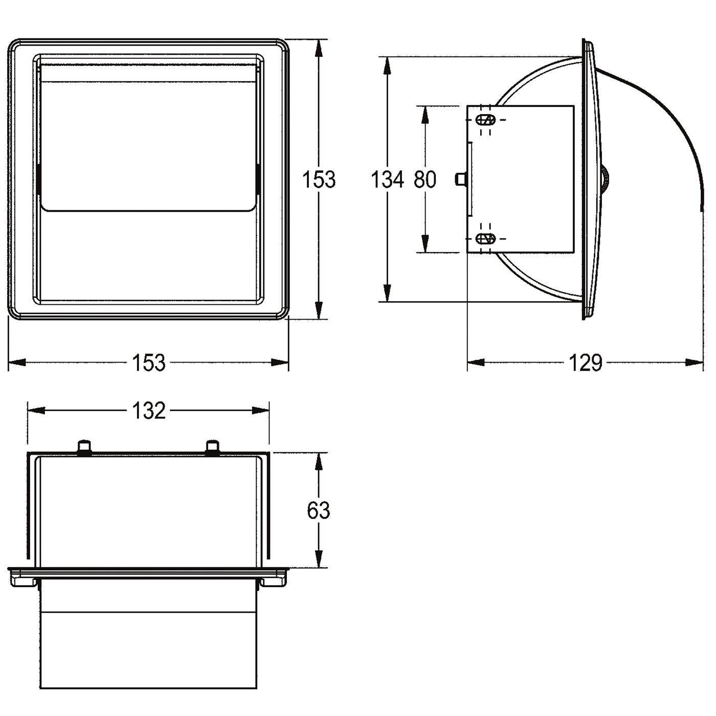 Technische Zeichnung einer quadratischen Wandleuchte mit Vorder-, Seiten- und Bodenansicht mit Abmessungen: 153 mm breit, 153 mm hoch, 129 mm tief, 63 mm hoch.