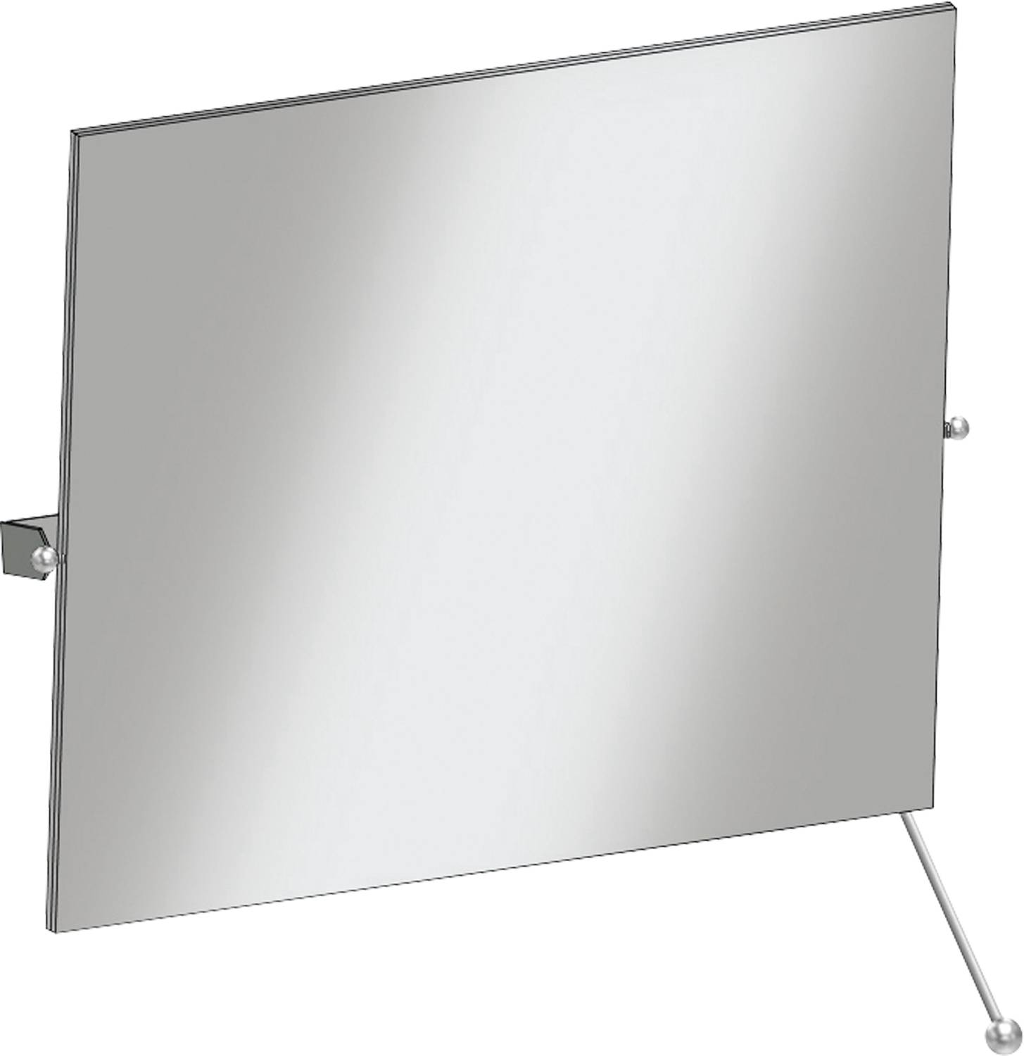 Ein schlichter, rechteckiger Spiegel mit silbernem Rahmen und Ständer, der Licht vor einem schwarzen Hintergrund reflektiert.