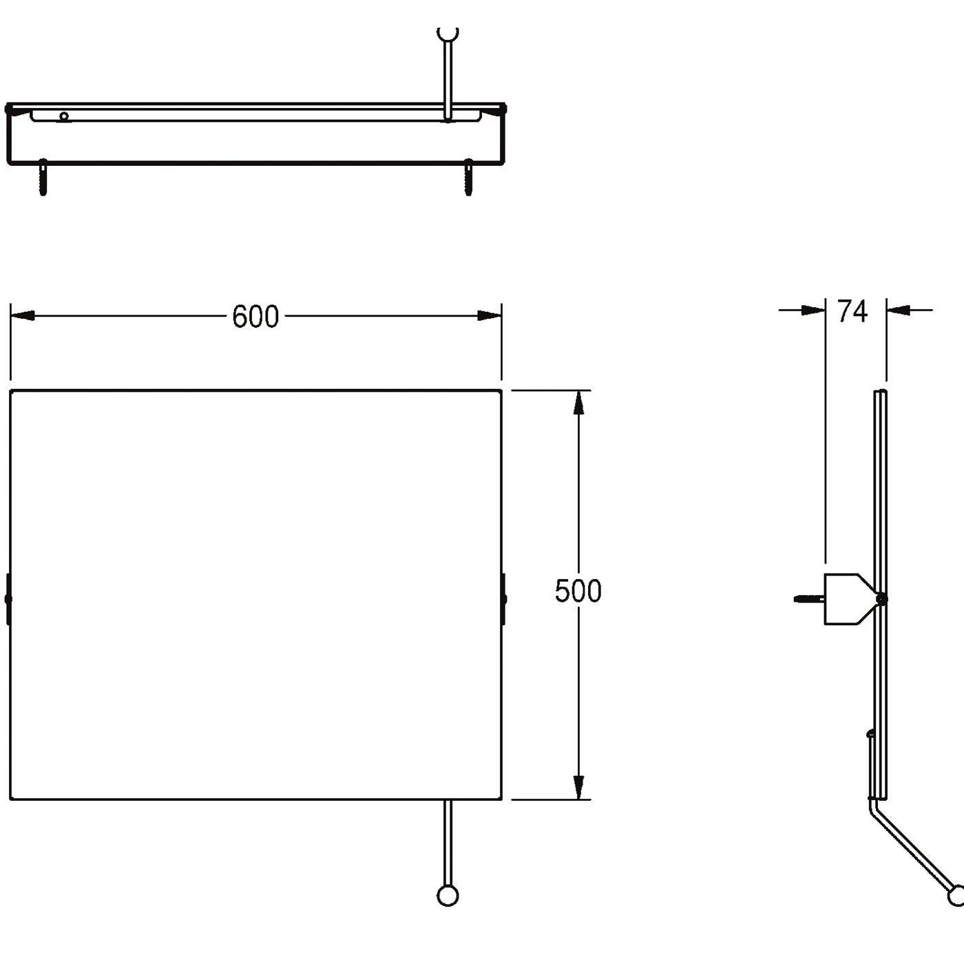 Technische Zeichnung eines rechteckigen Paneels, dimensioniert 600 x 500 mit 74 Tiefe, zeigt Vorder-, Draufsicht und Seitenansicht sowie Befestigungspunkte.