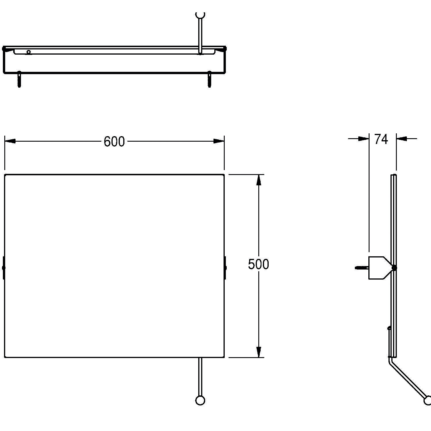 Technische Zeichnung eines rechteckigen Objekts mit Abmessungen: Breite 600 mm, Höhe 500 mm und Tiefe 74 mm.