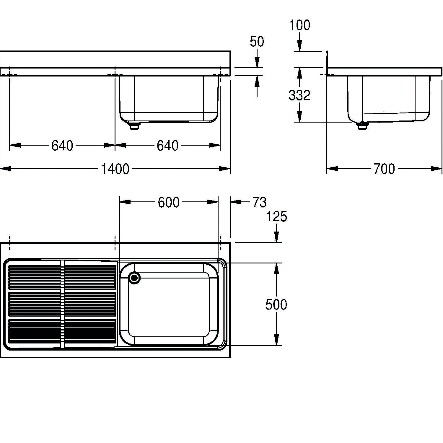 Technische Zeichnung eines Doppelspülbeckens mit Maßen: 1400 mm Länge, 600 mm Breite, 800 mm Tiefe. Inklusive Abtropffläche.