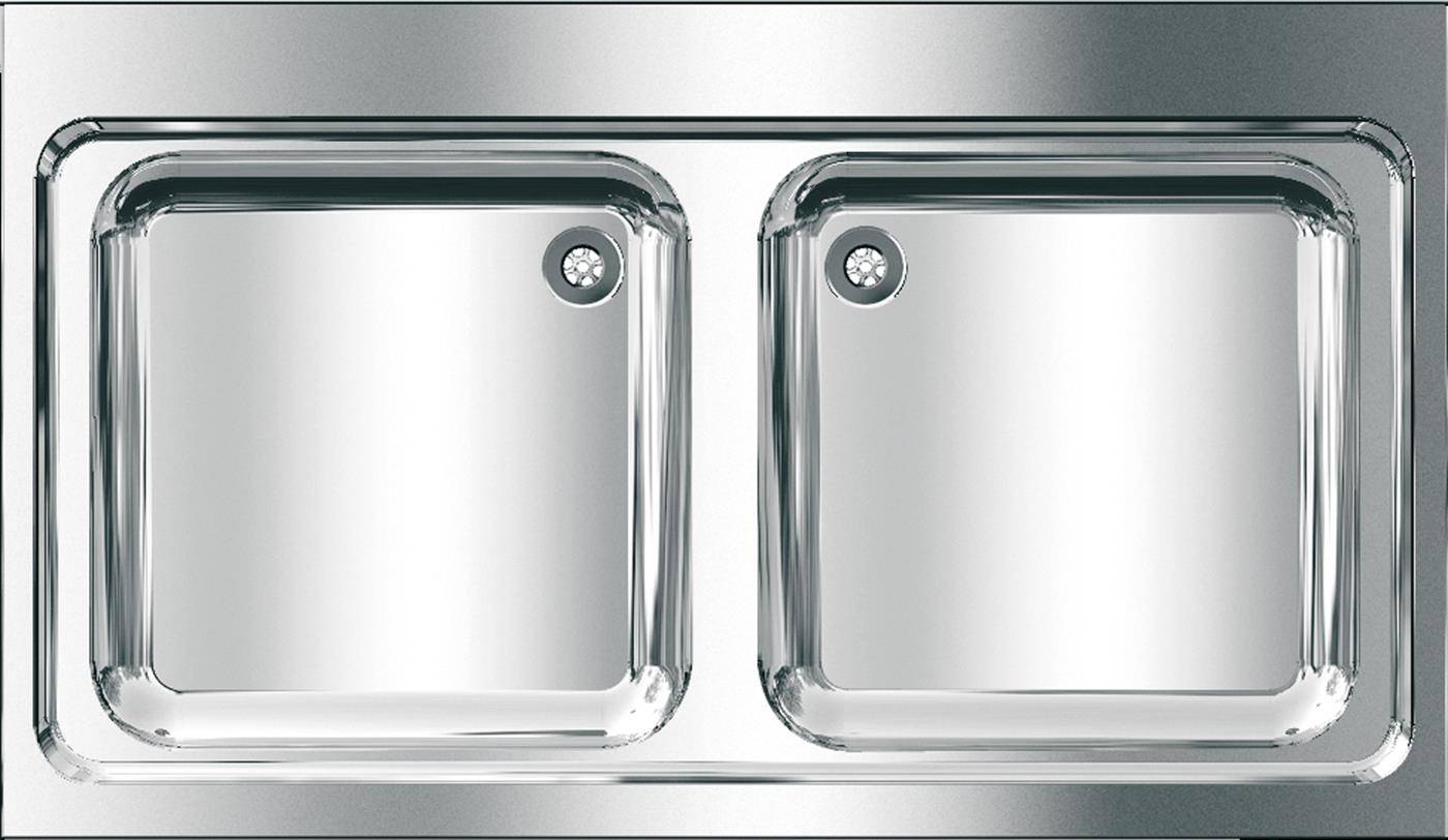 Ein Edelstahlspühlbecken mit zwei quadratischen Becken nebeneinander.