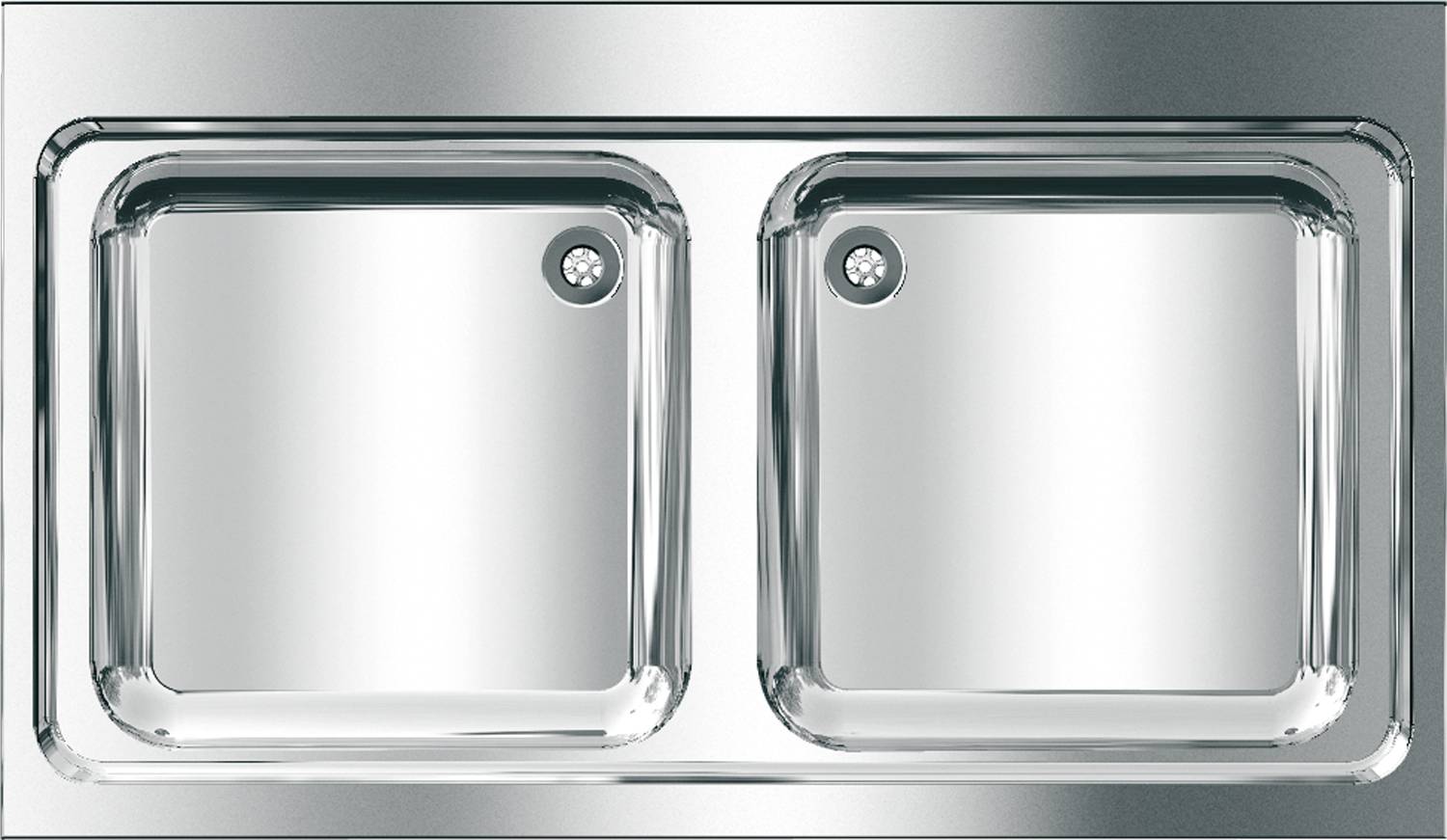 Ein sauberes, edelstählernes Doppelwaschbecken mit glänzenden Oberflächen und Ablauflöchern in jedem Becken, das ein schickes und modernes Erscheinungsbild erzeugt.