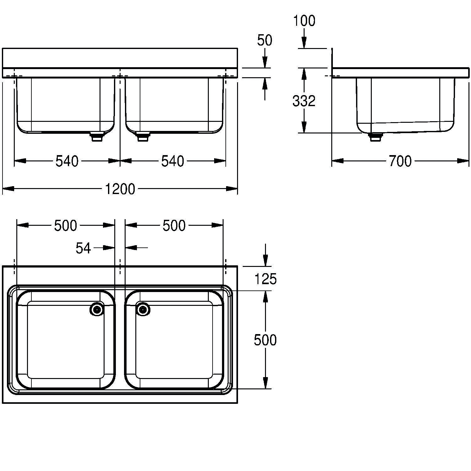 Technische Zeichnung eines Doppelspülbeckens. Maße: 1200 mm Gesamtbreite, zwei Becken je 540 mm breit, 332 mm Tiefe, 50 mm Rand.