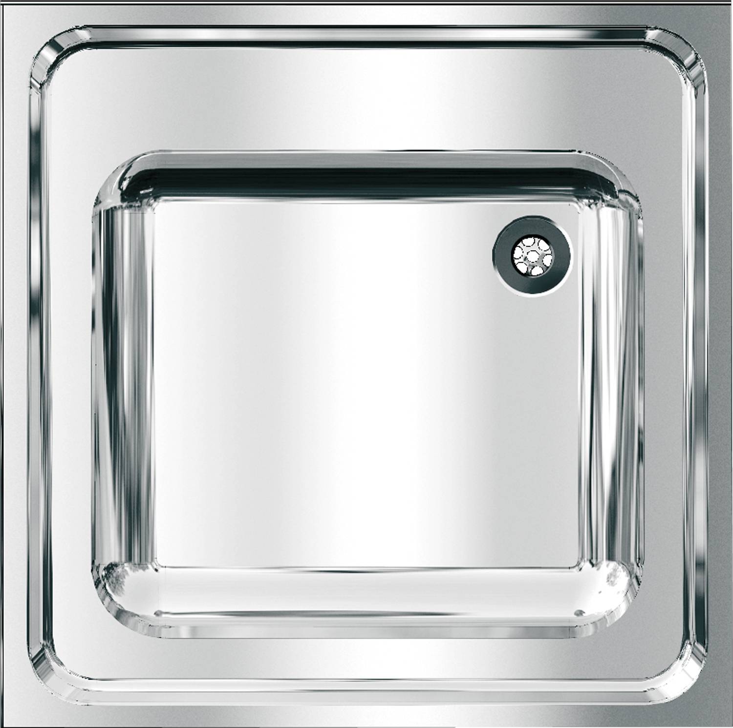 Ein glänzendes Spülbecken aus Edelstahl mit quadratischer Form und einem einzelnen Ablaufloch auf der rechten Seite.