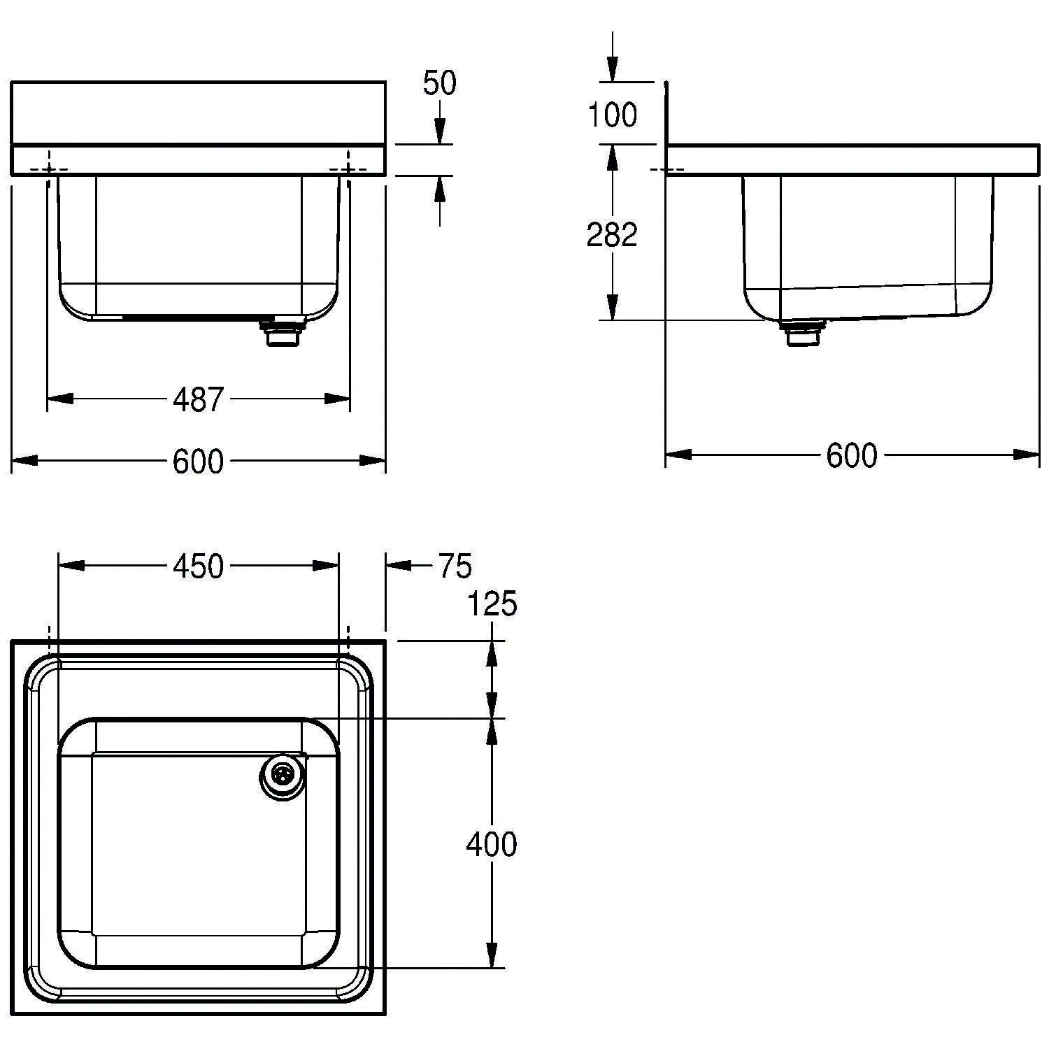 Technische Zeichnung eines quadratischen Waschbeckens mit Abmessungen. Ansicht von oben: 487 mm x 487 mm. Seitenansicht Höhe: 282 mm. Grundabmessung: 600 mm x 450 mm.