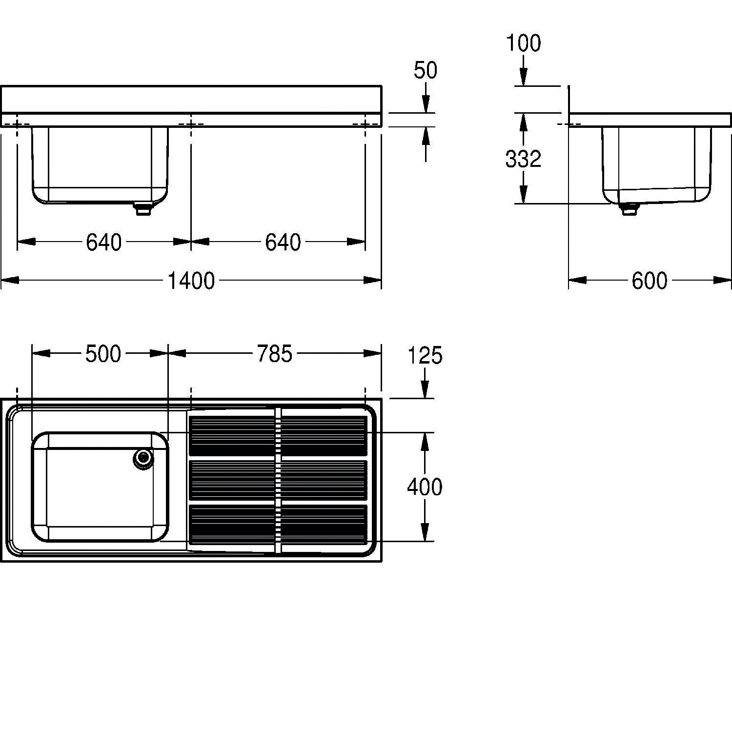 Diagramm eines rechteckigen Waschbeckens mit Maßangaben: 1400 mm Länge, 600 mm Breite, 332 mm Tiefe. In Spülbereich und Abtropffläche unterteilt.