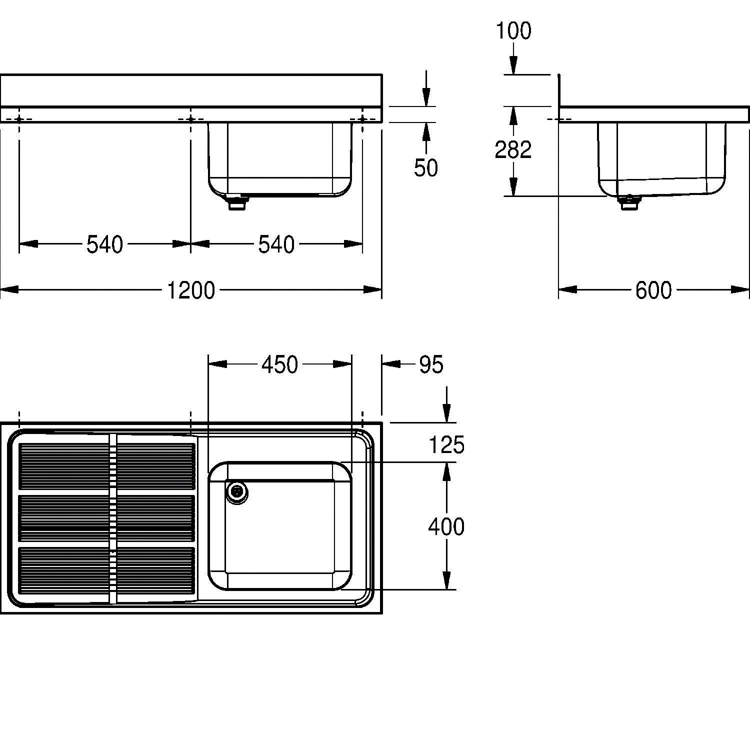 Bauplan einer Spüle mit Maßen: Breite 1200 mm, Tiefe 600 mm, Beckenbreite 340 mm und Abtropfflächen.